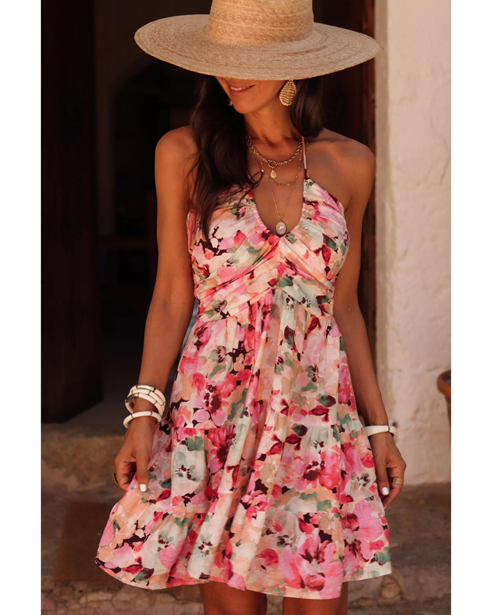 Pink Floral Sleeveless Halter Neck Shirred Back Ruffled Mini Dress - XL