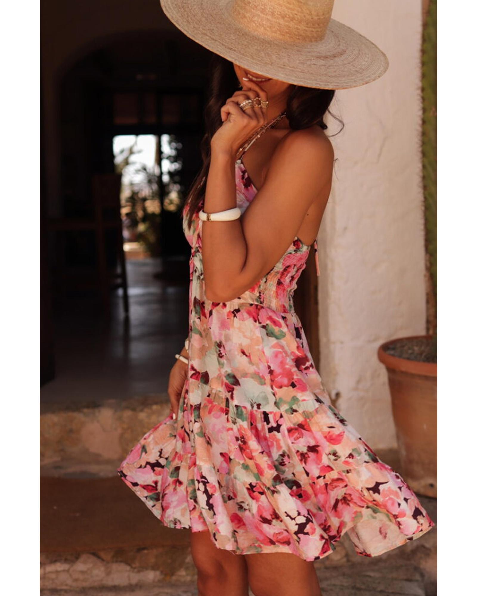 Pink Floral Sleeveless Halter Neck Shirred Back Ruffled Mini Dress - XL