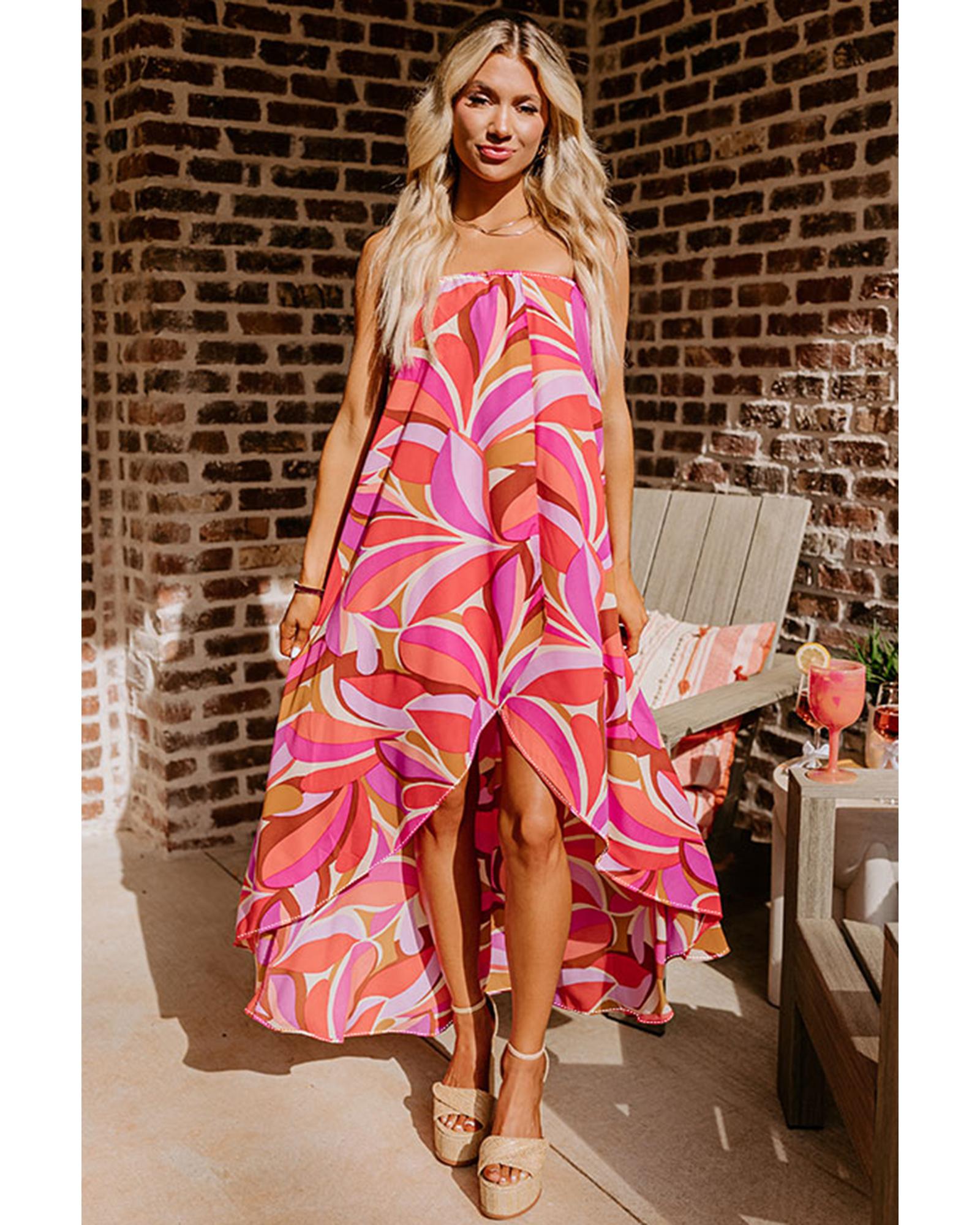 Rose Floral High Low Bandeau Vacay Dress - XL