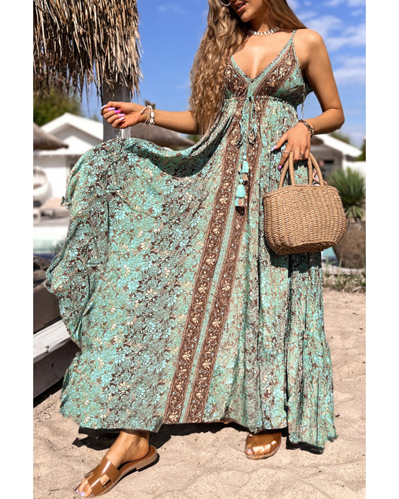 Green Floral Print V Neck Ruffled Trim Backless Tassel Waist Maxi Dress - S