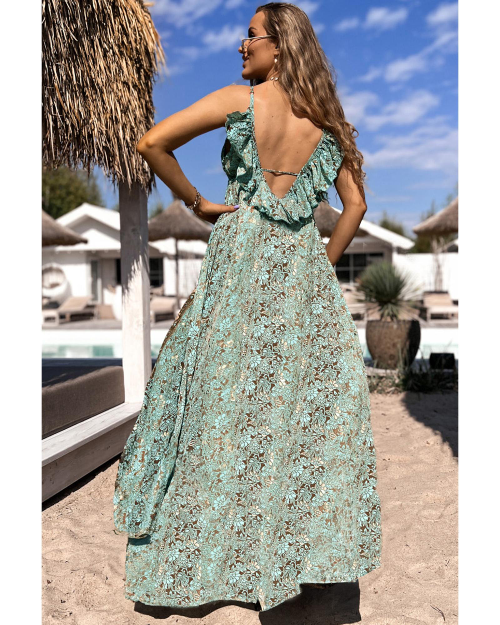 Green Floral Print V Neck Ruffled Trim Backless Tassel Waist Maxi Dress - XL