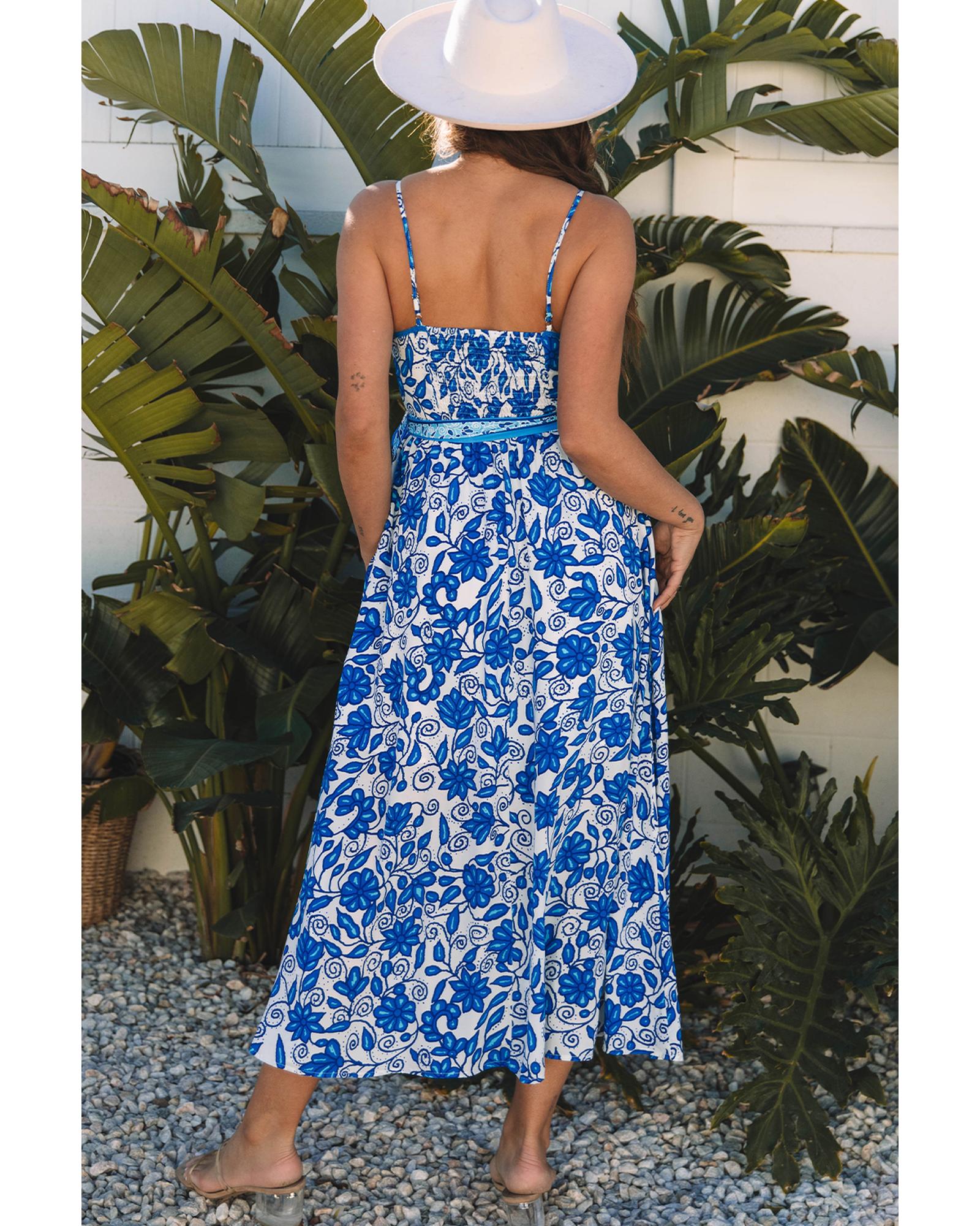 Blue Floral Printed Spaghetti Strap Maxi Dress with Waist Tie - M