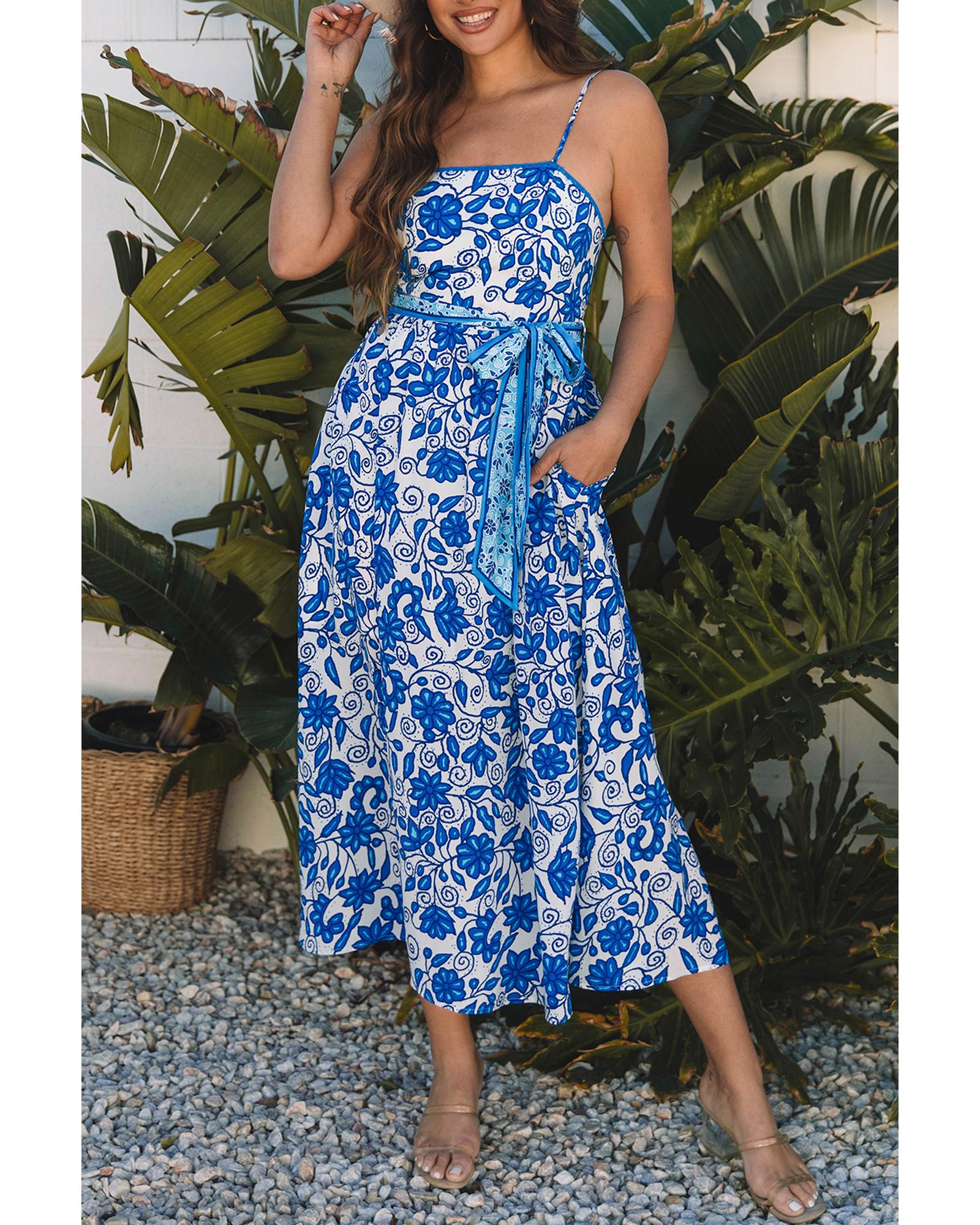 Blue Floral Printed Spaghetti Strap Maxi Dress with Waist Tie - S