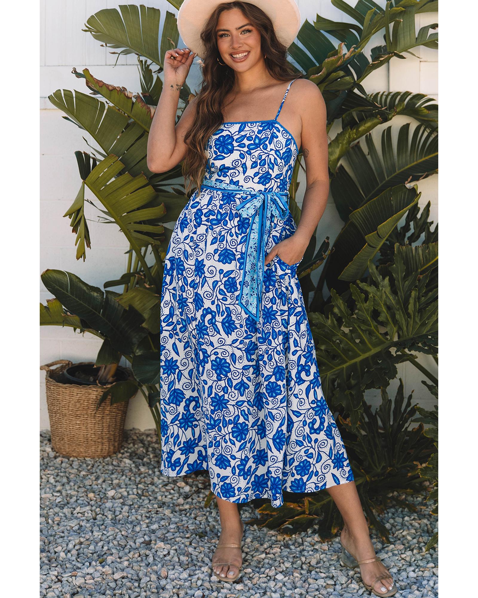 Blue Floral Printed Spaghetti Strap Maxi Dress with Waist Tie - XL