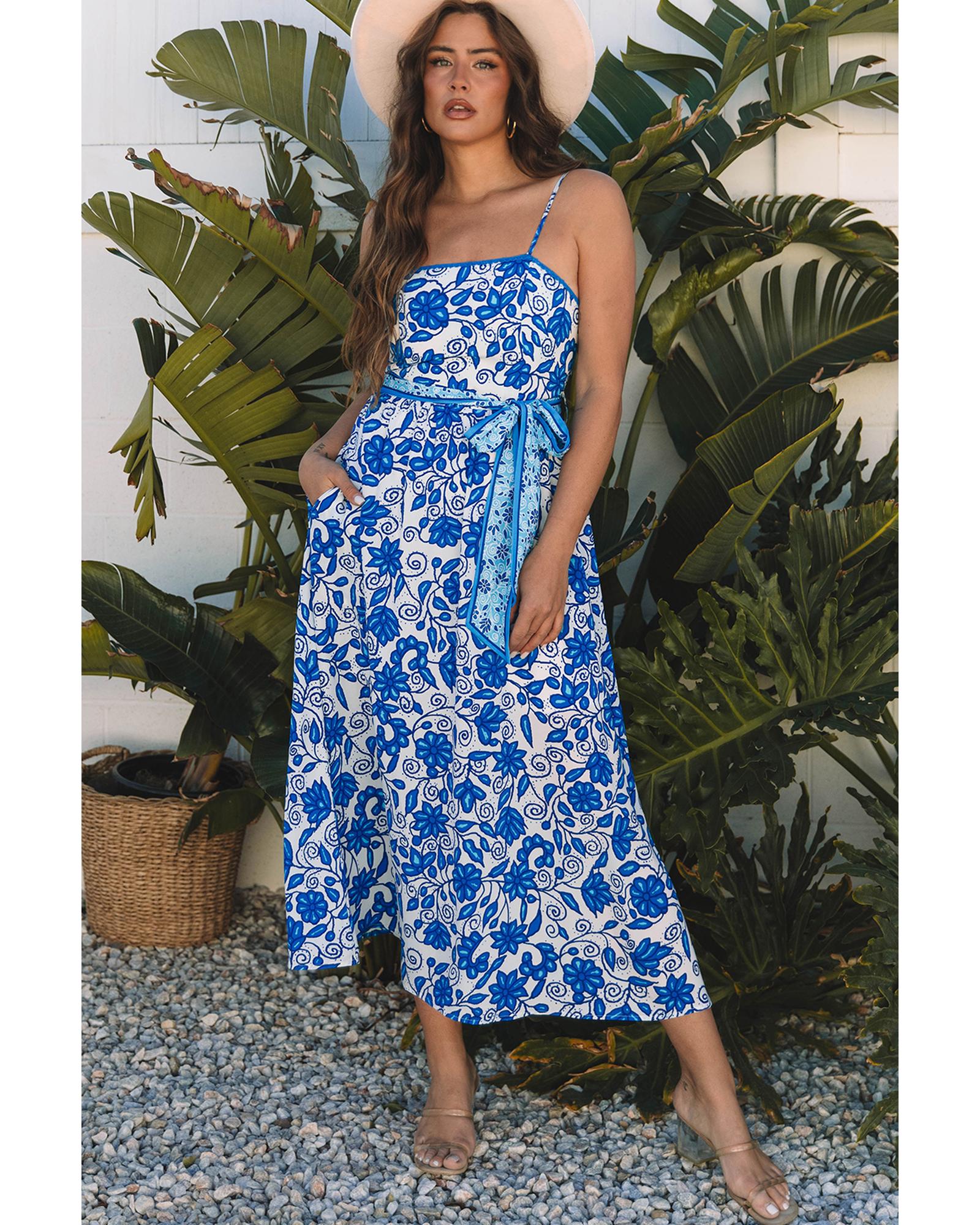 Blue Floral Printed Spaghetti Strap Maxi Dress with Waist Tie - XL