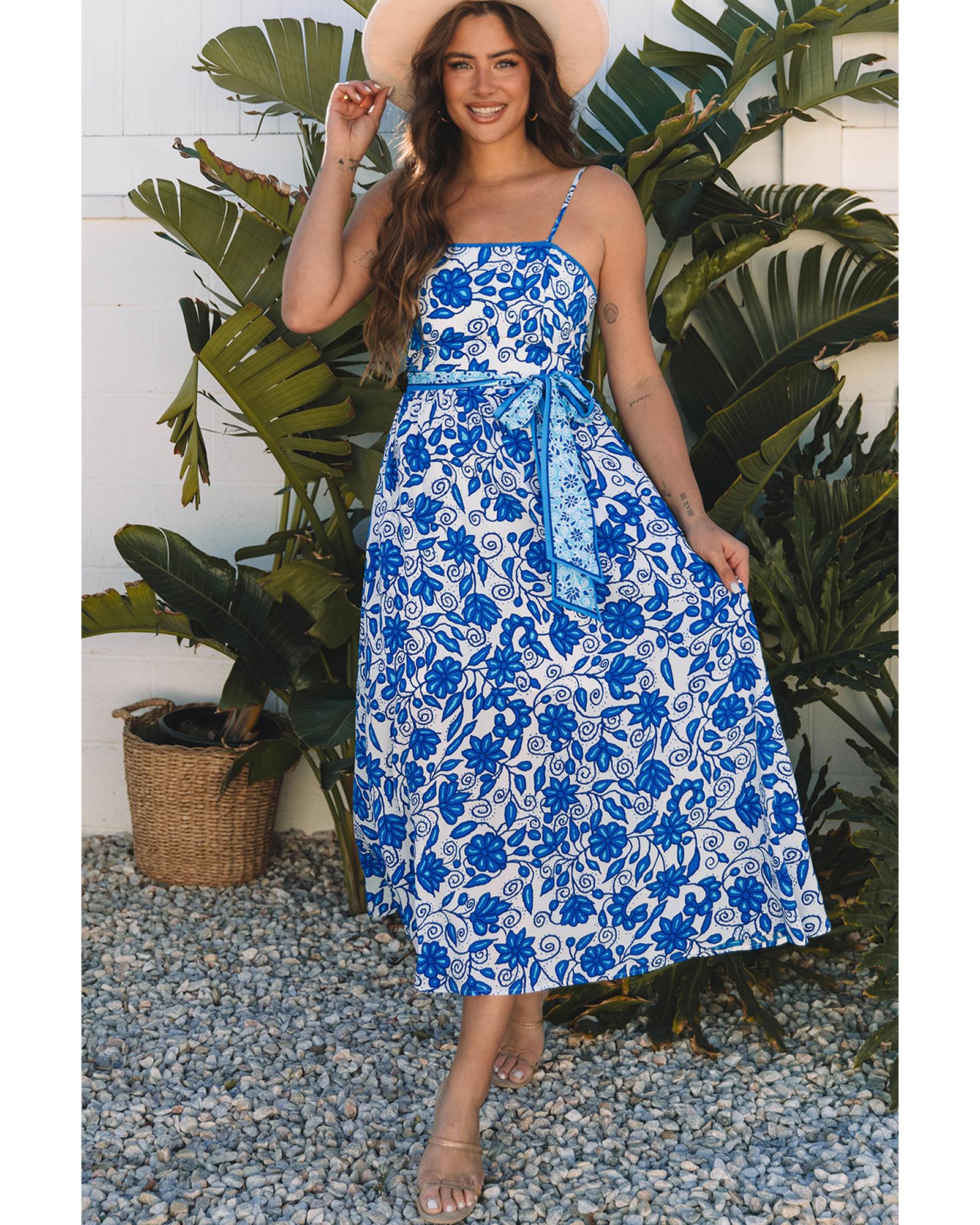 Blue Floral Printed Spaghetti Strap Maxi Dress with Waist Tie - XL