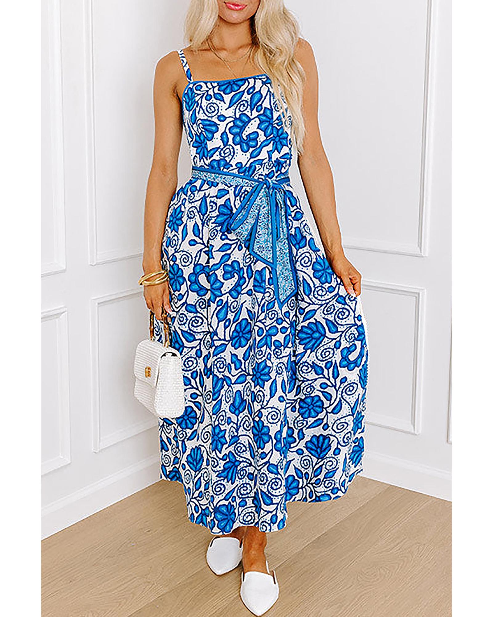 Blue Floral Printed Spaghetti Strap Maxi Dress with Waist Tie - XL