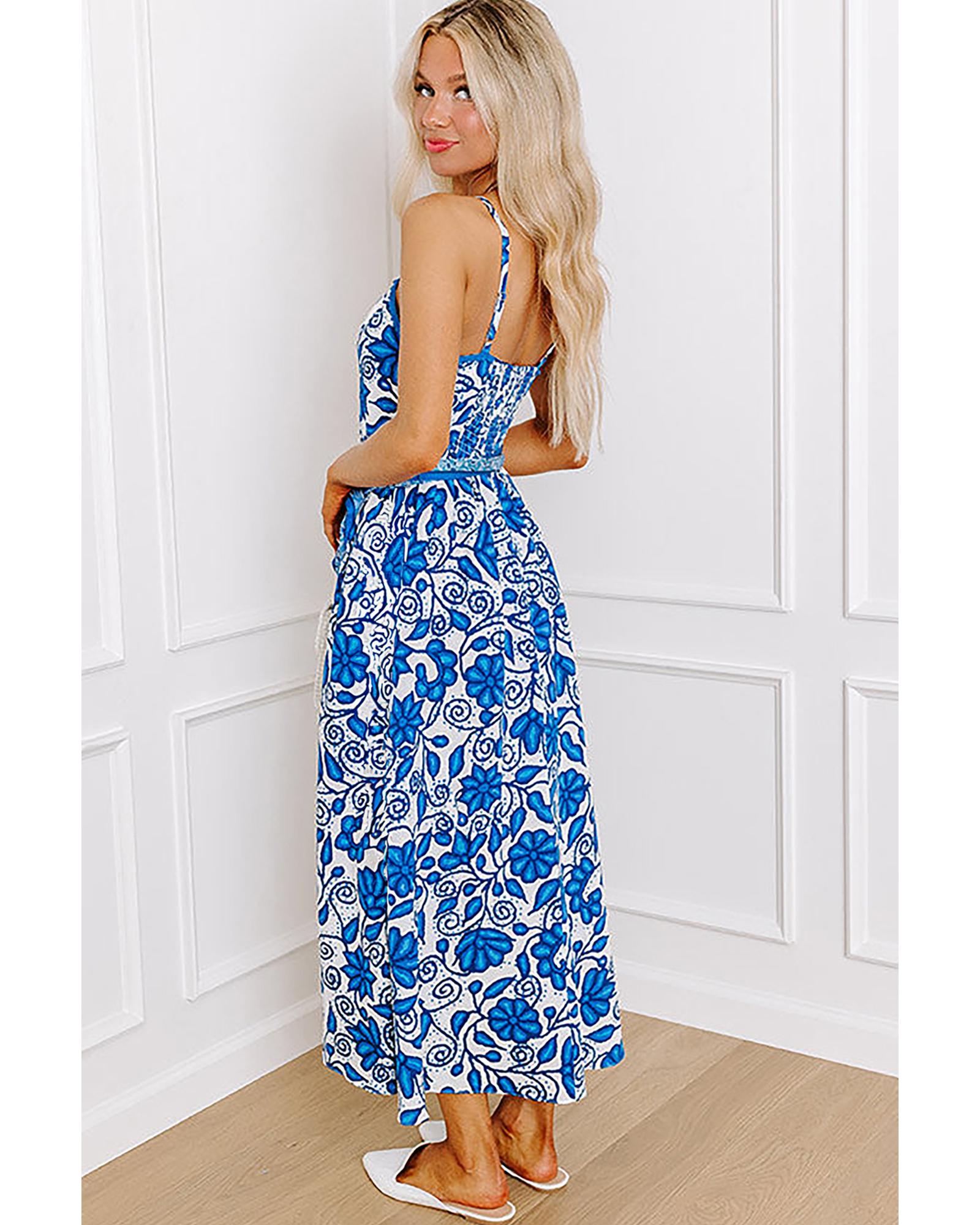 Blue Floral Printed Spaghetti Strap Maxi Dress with Waist Tie - XL