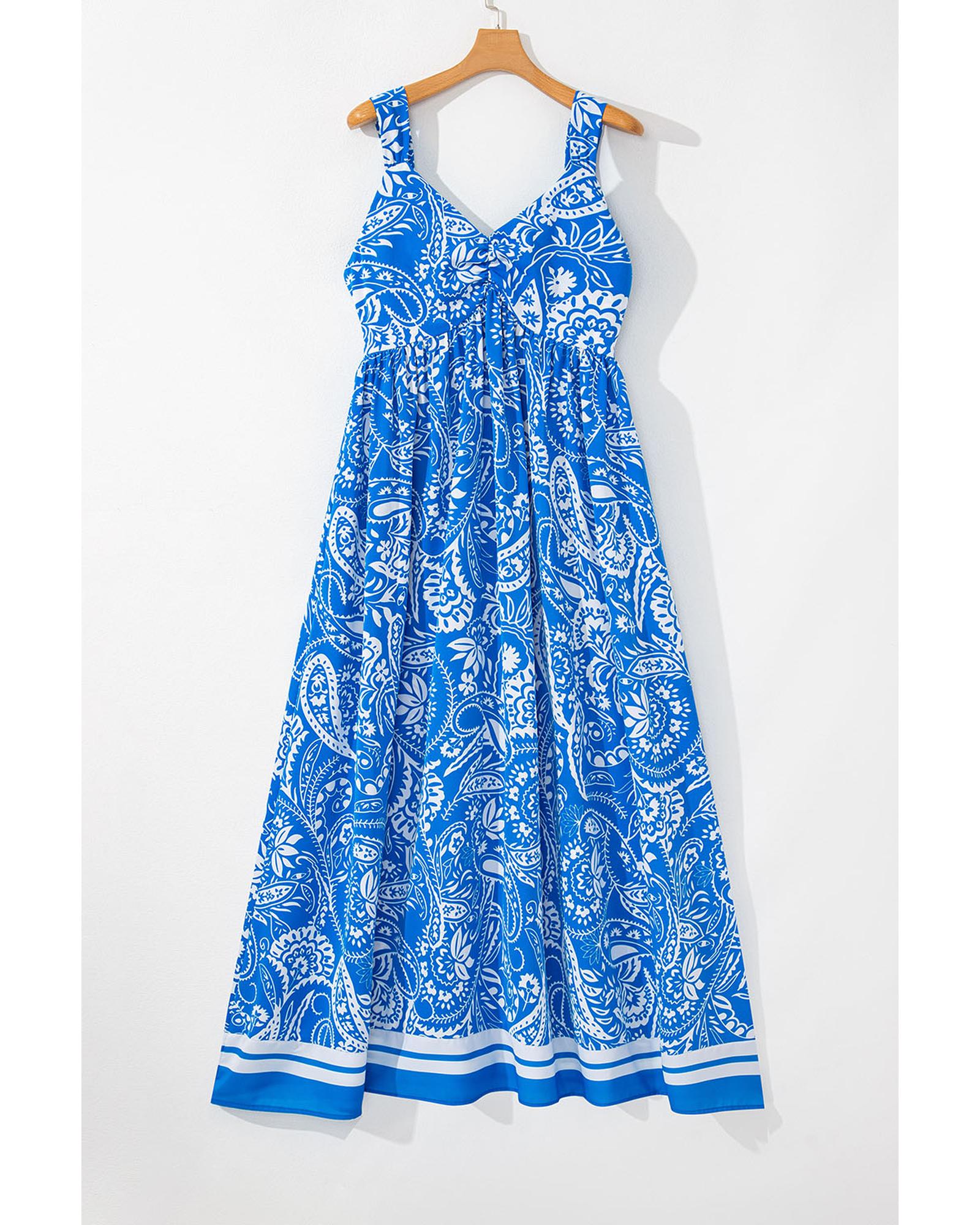 Blue Paisley V Neck Crisscross Backless Maxi Dress - L