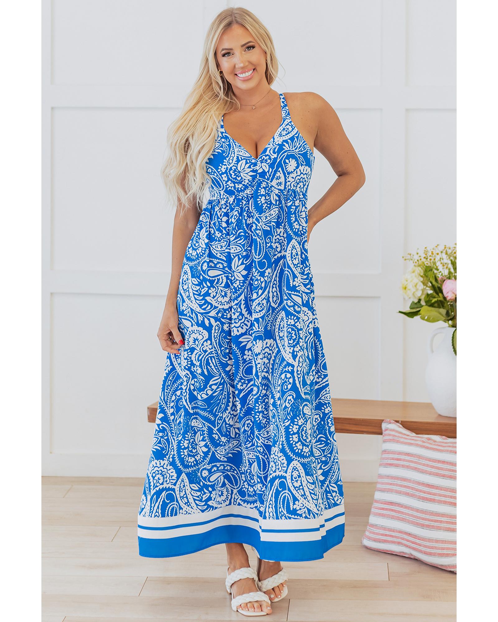 Blue Paisley V Neck Crisscross Backless Maxi Dress - M