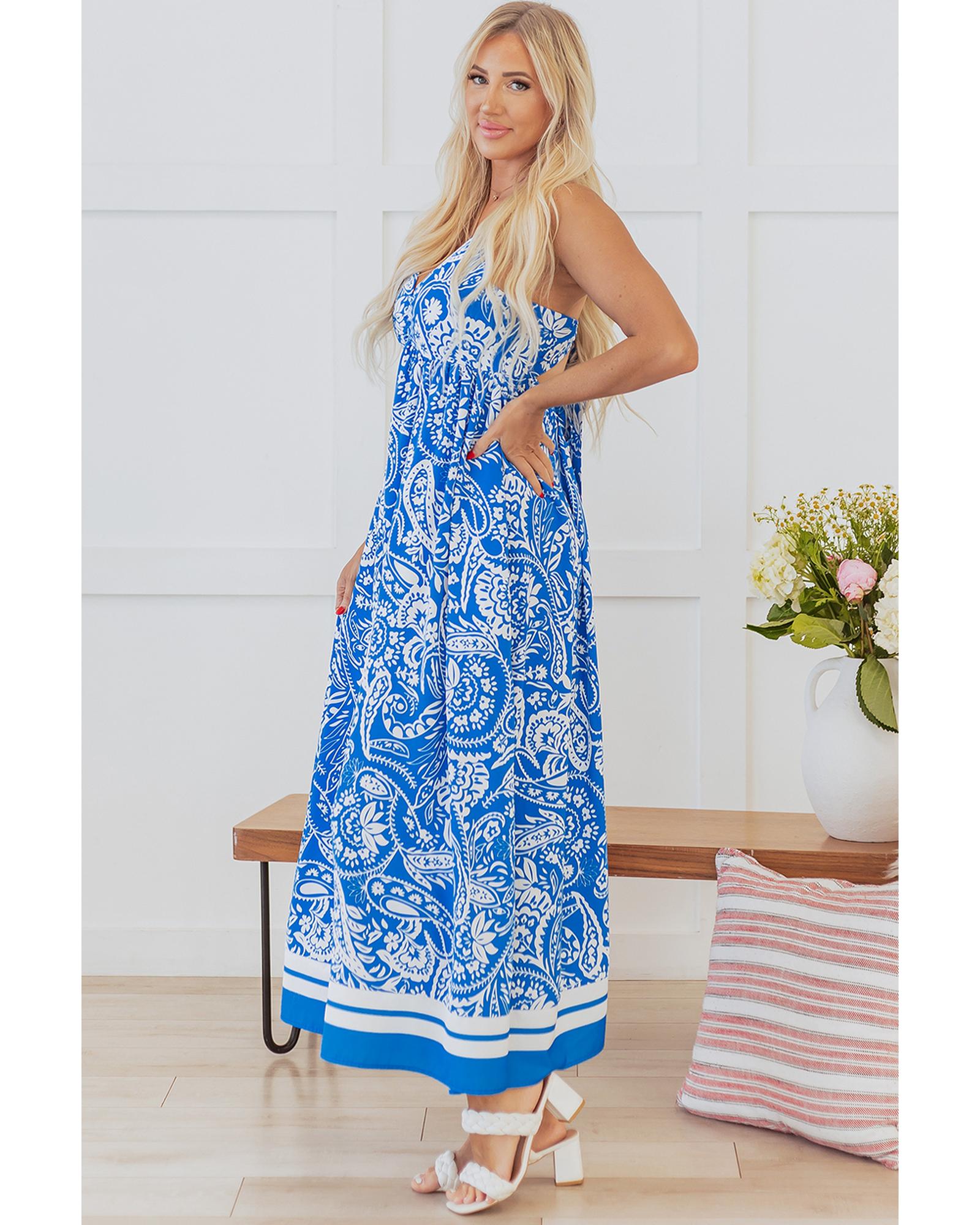 Blue Paisley V Neck Crisscross Backless Maxi Dress - S
