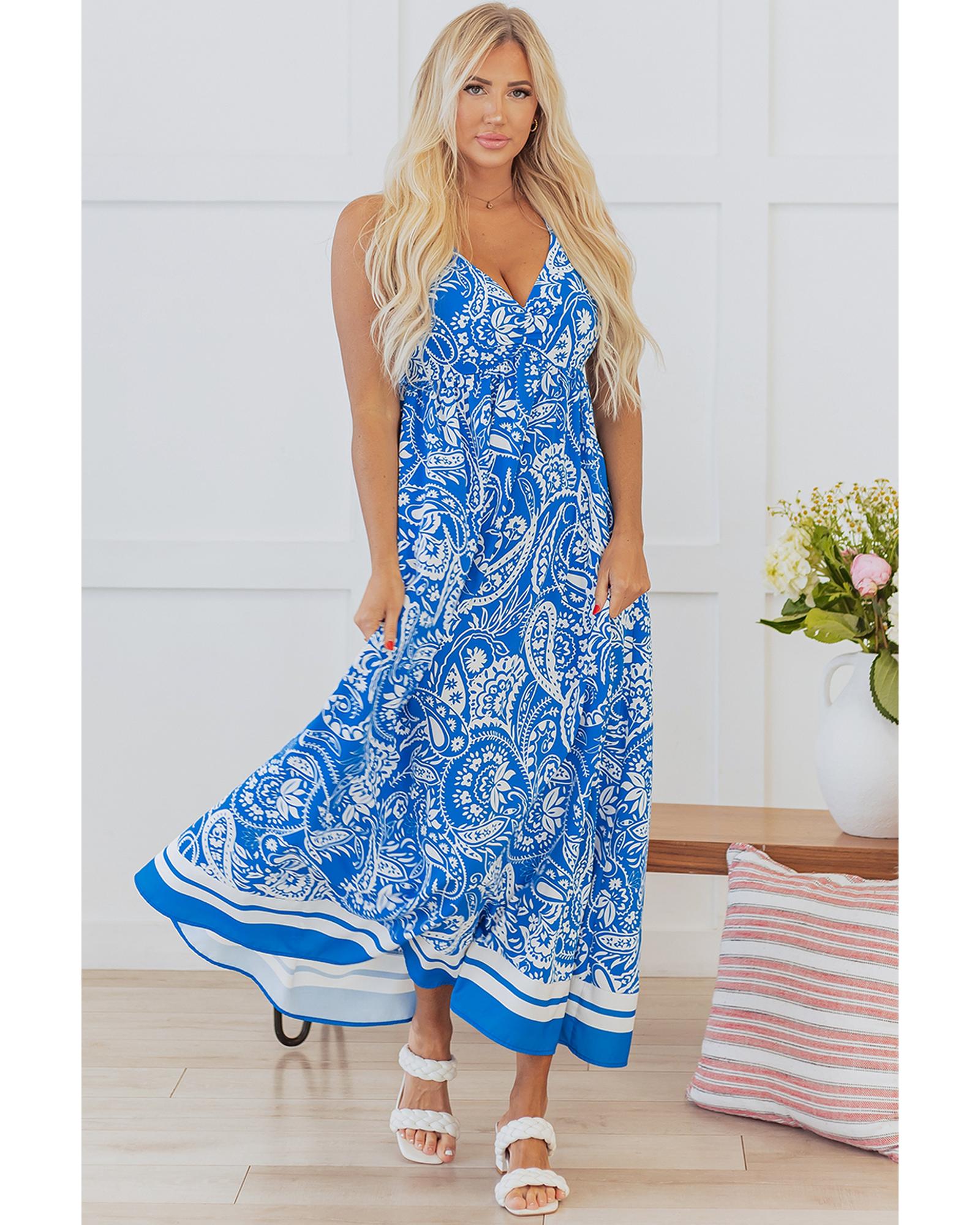 Blue Paisley V Neck Crisscross Backless Maxi Dress - S