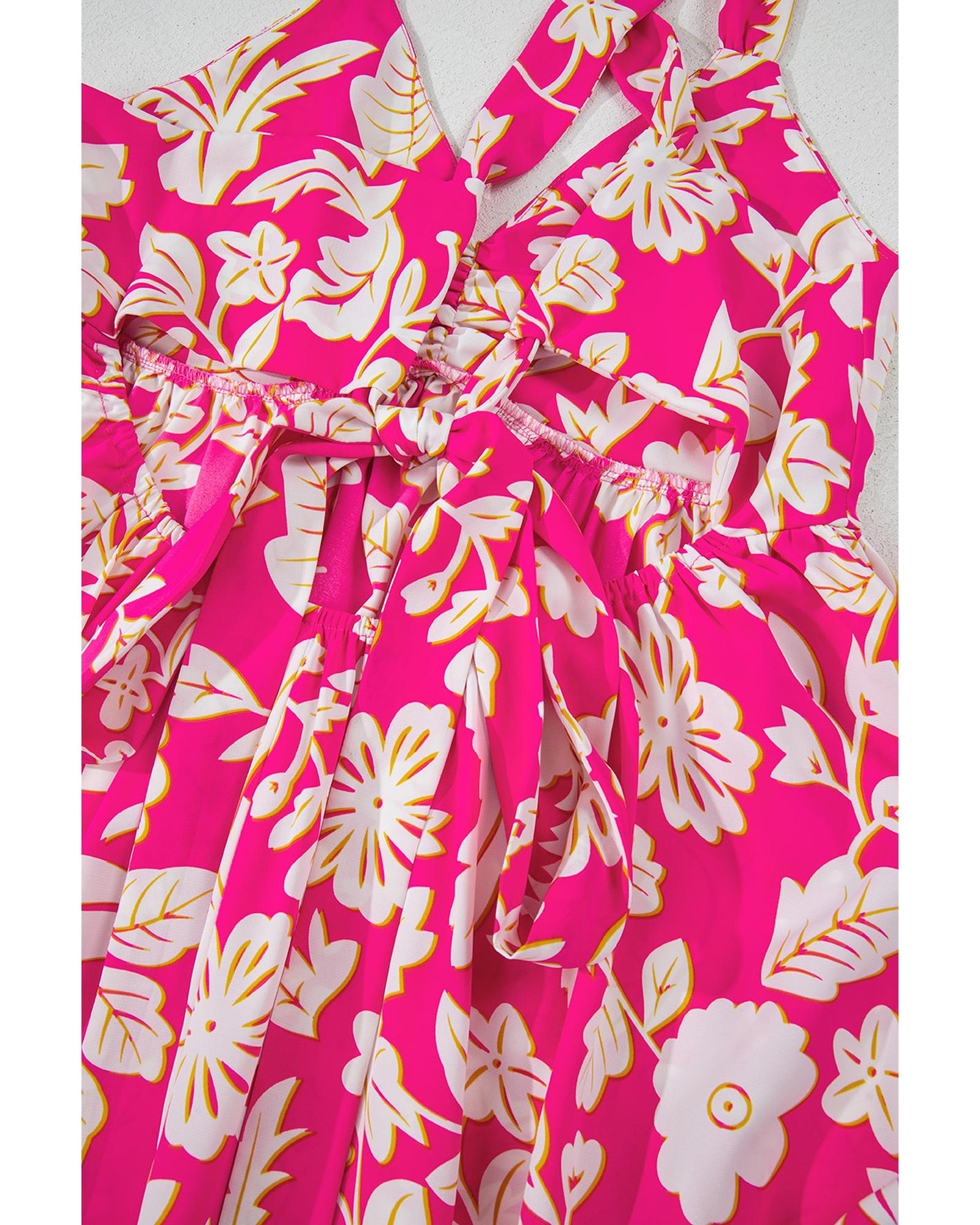 Rose Floral V Neck Crisscross Backless Maxi Dress - L