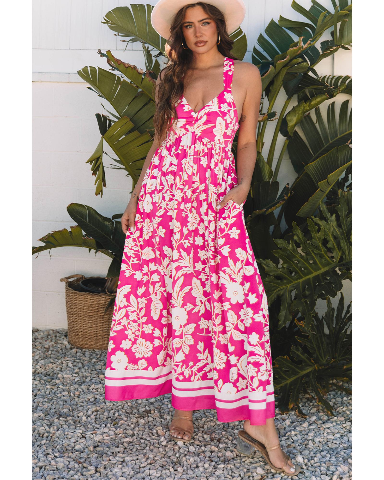 Rose Floral V Neck Crisscross Backless Maxi Dress - M