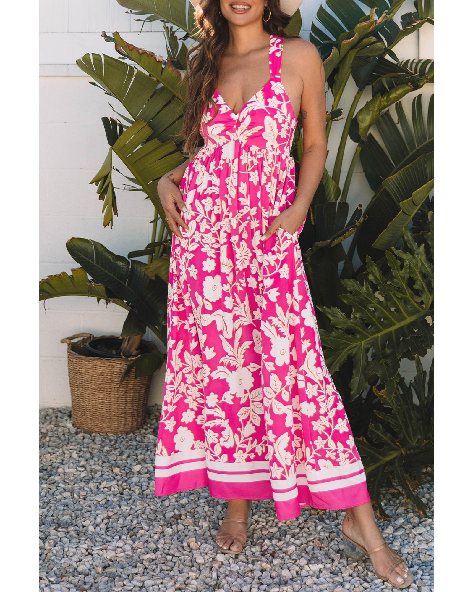 Rose Floral V Neck Crisscross Backless Maxi Dress - M