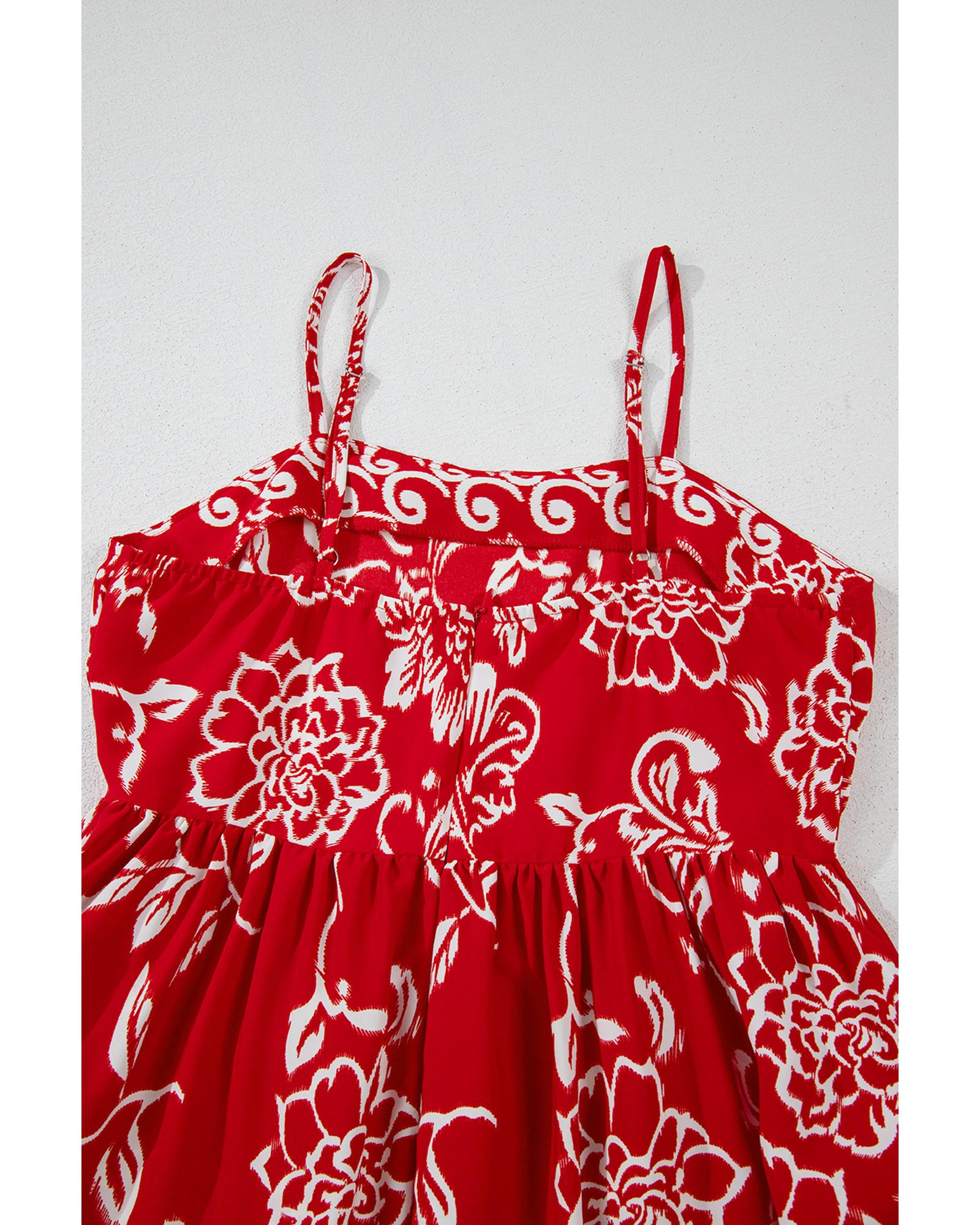 Red Floral Printed Spaghetti Strap Empire Waist Maxi Dress - M