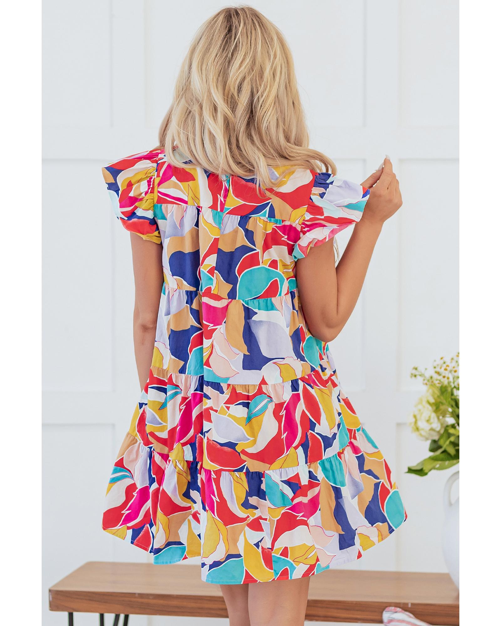 Pink Abstract Printed Ruffled Flutter Sleeve Tiered Mini Dress - S