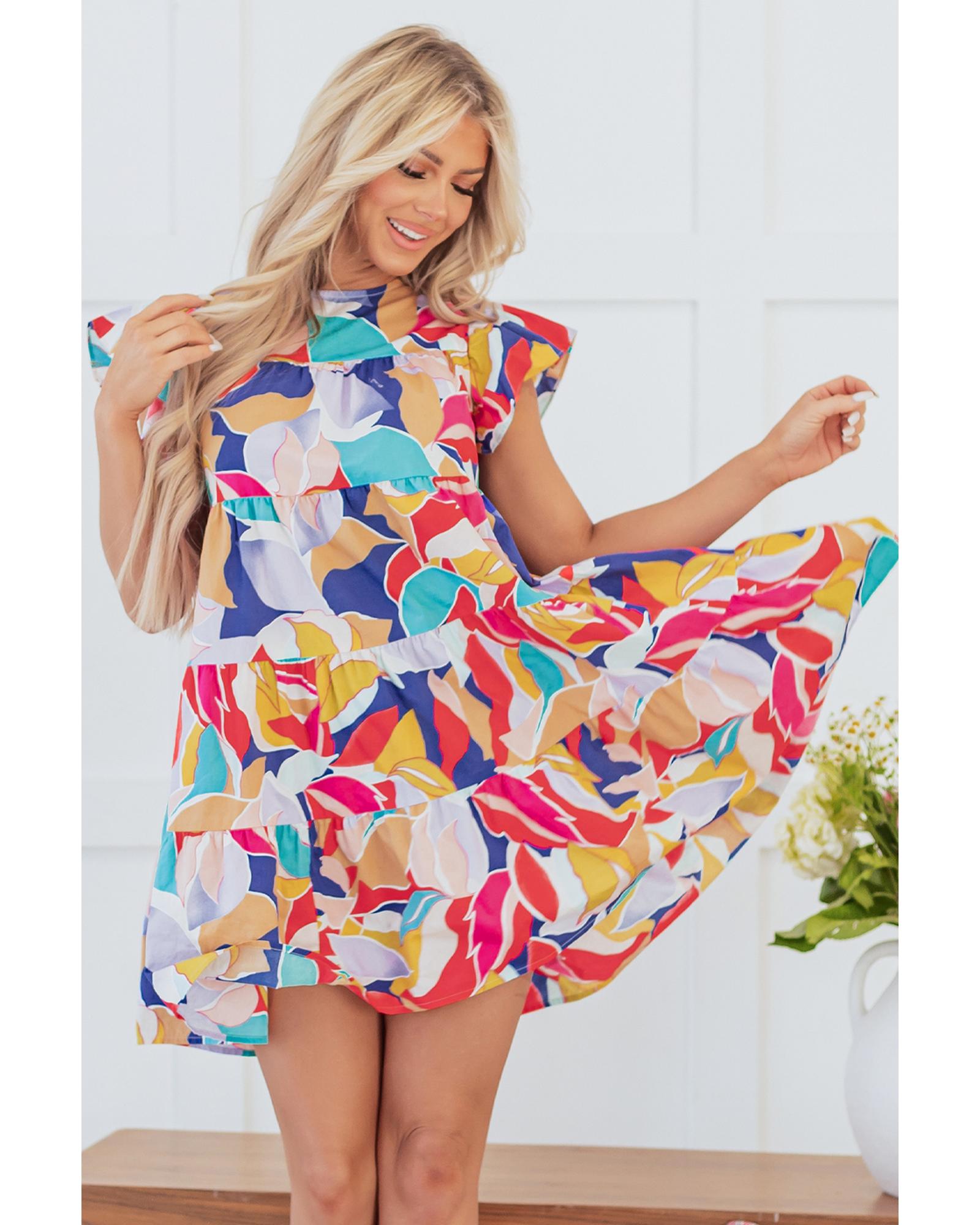 Pink Abstract Printed Ruffled Flutter Sleeve Tiered Mini Dress - XL