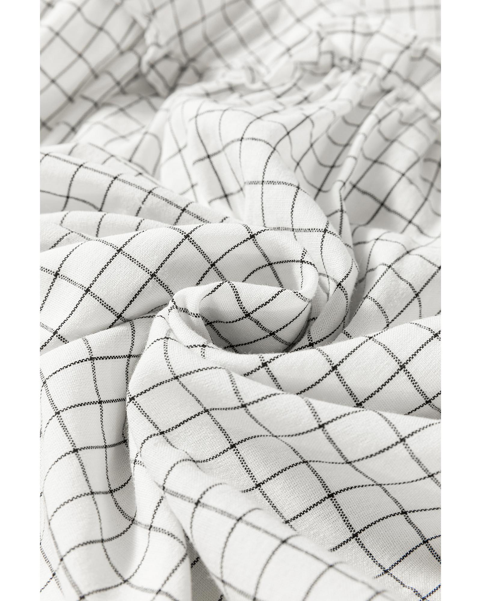 White Stripe Checkered Frilled V Neck Bracelet Sleeve Babydoll Dress - L