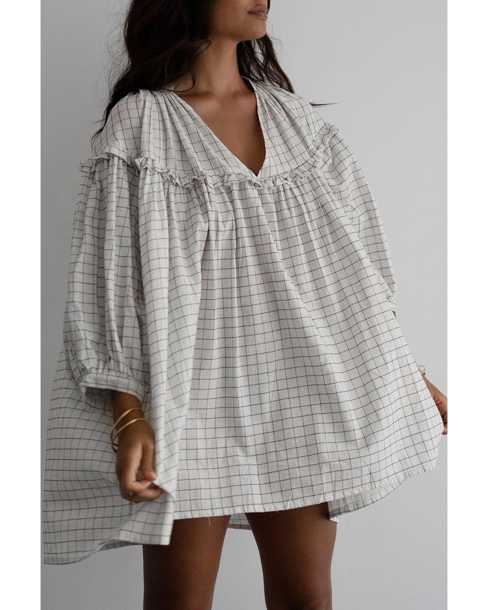 White Stripe Checkered Frilled V Neck Bracelet Sleeve Babydoll Dress - XL