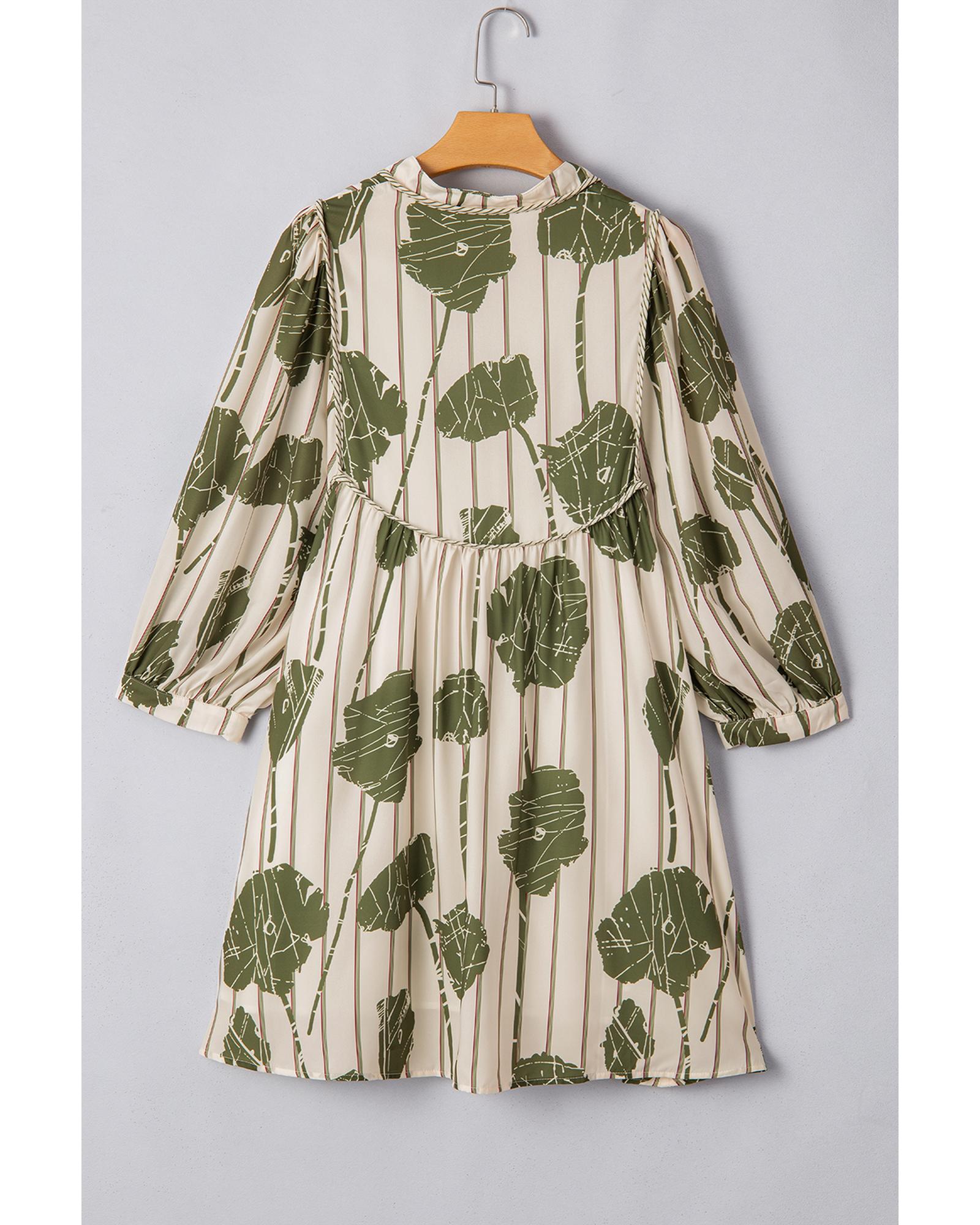 Guacamole Green Floral Striped Print Contrast Piping Puff Sleeve Dress - XL