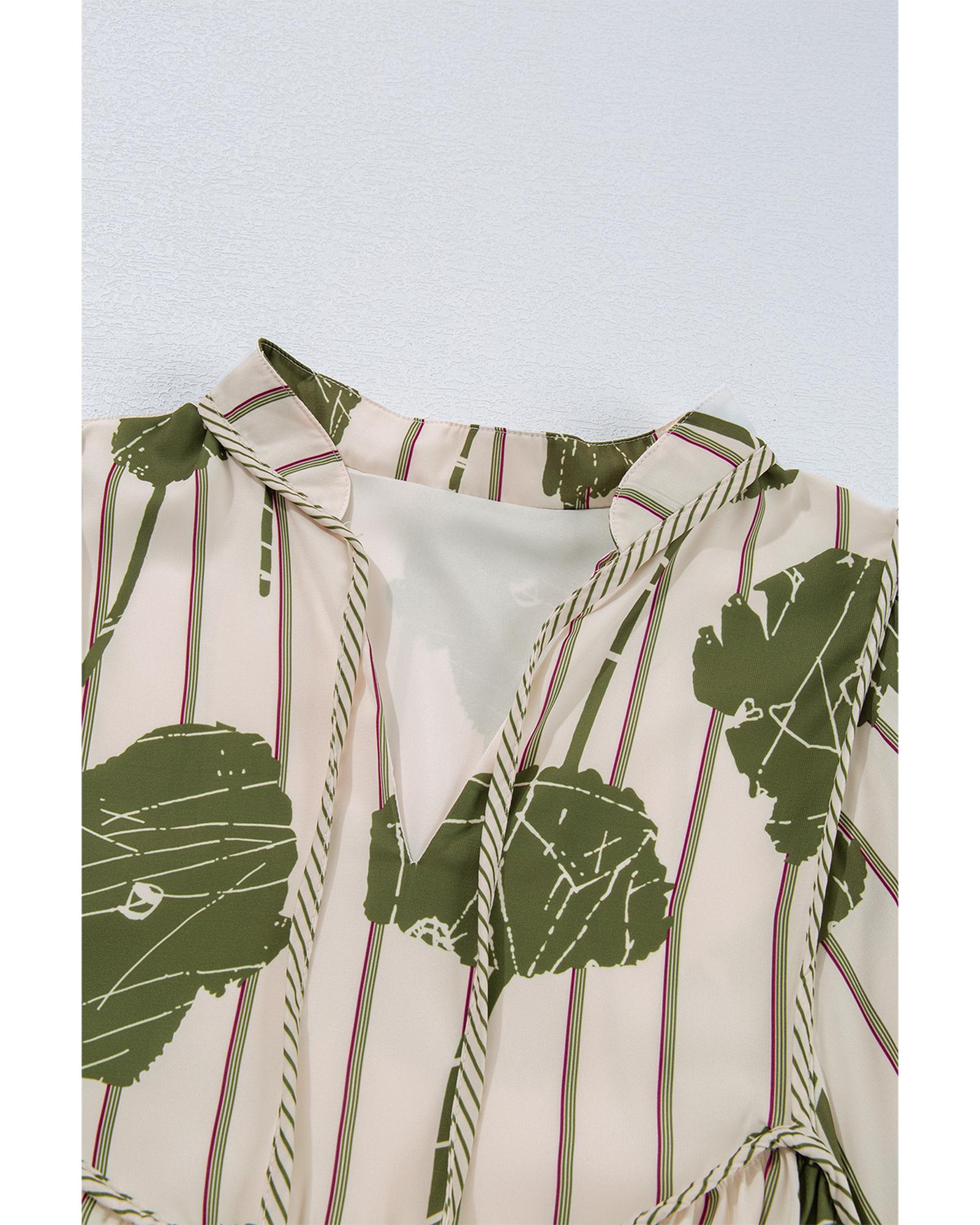 Guacamole Green Floral Striped Print Contrast Piping Puff Sleeve Dress - XL