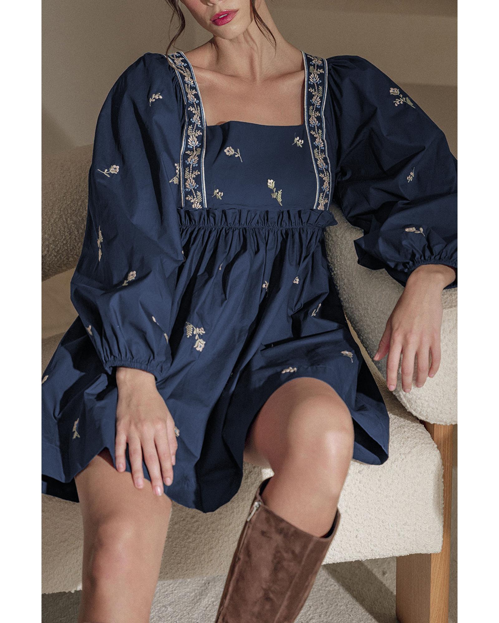 Blue Floral Embroidered Square Neck Puff Sleeve Ruffled Mini Dress - L