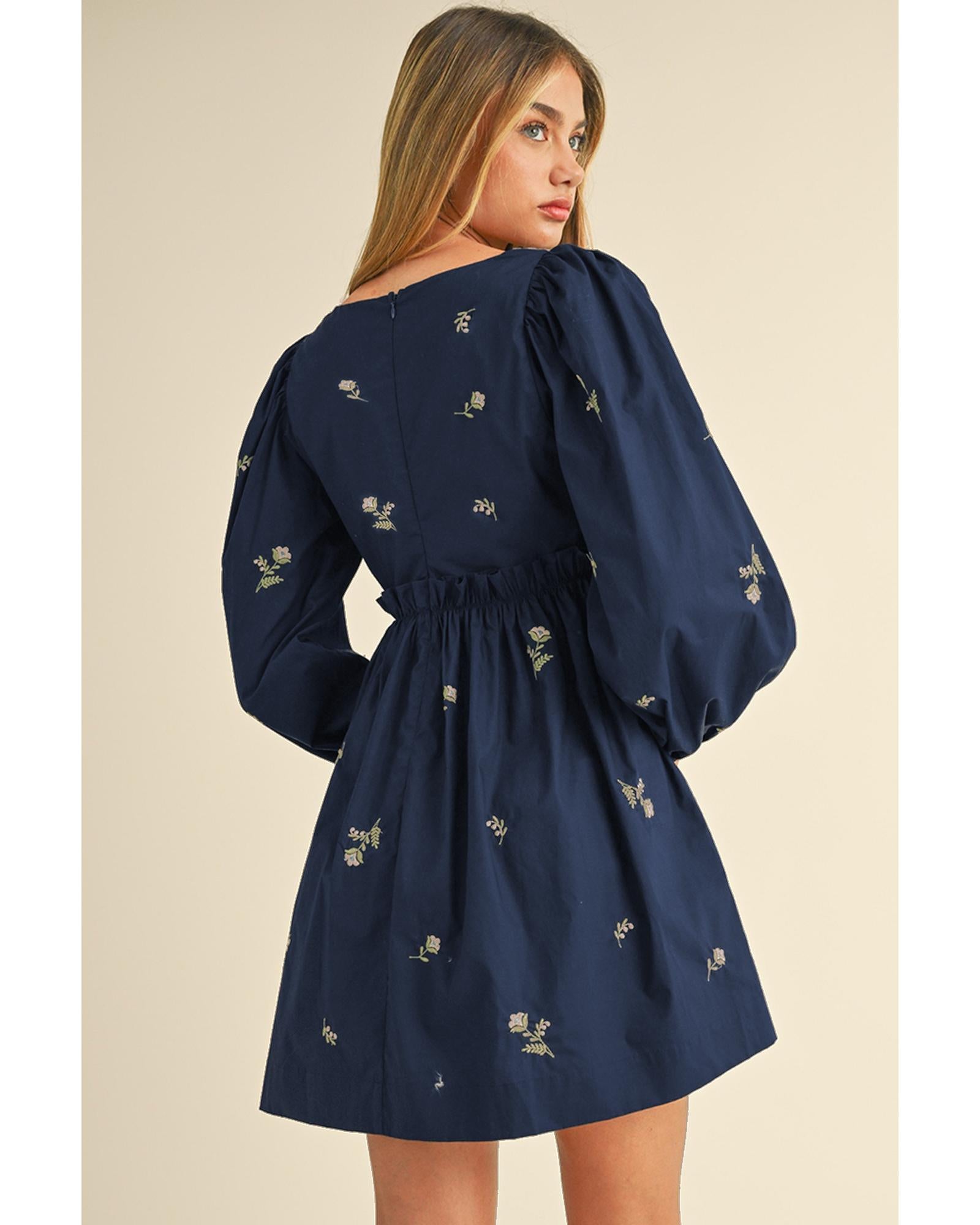 Blue Floral Embroidered Square Neck Puff Sleeve Ruffled Mini Dress - M