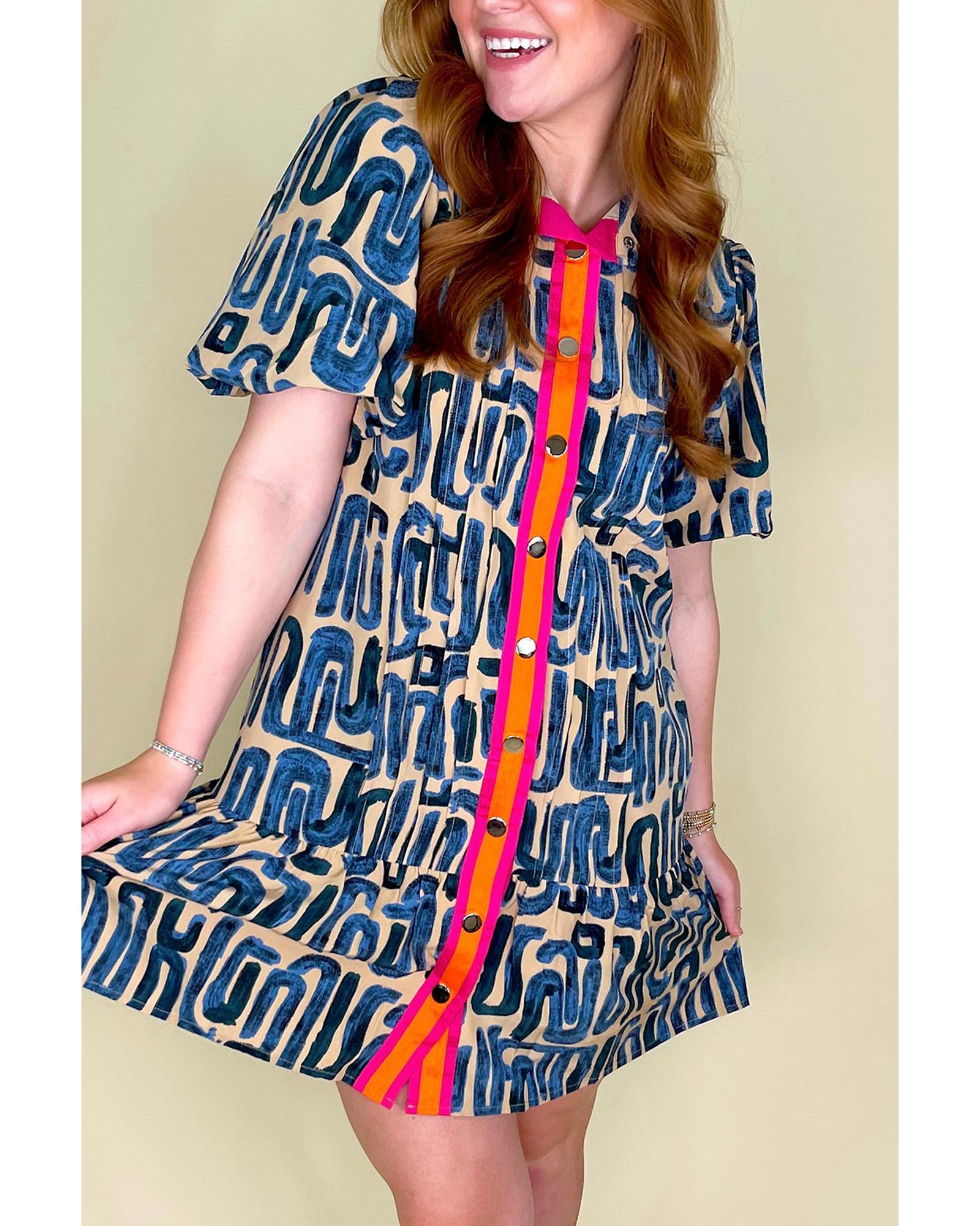 Beige Abstract Print Bubble Sleeve Button up Mini Dress - XL