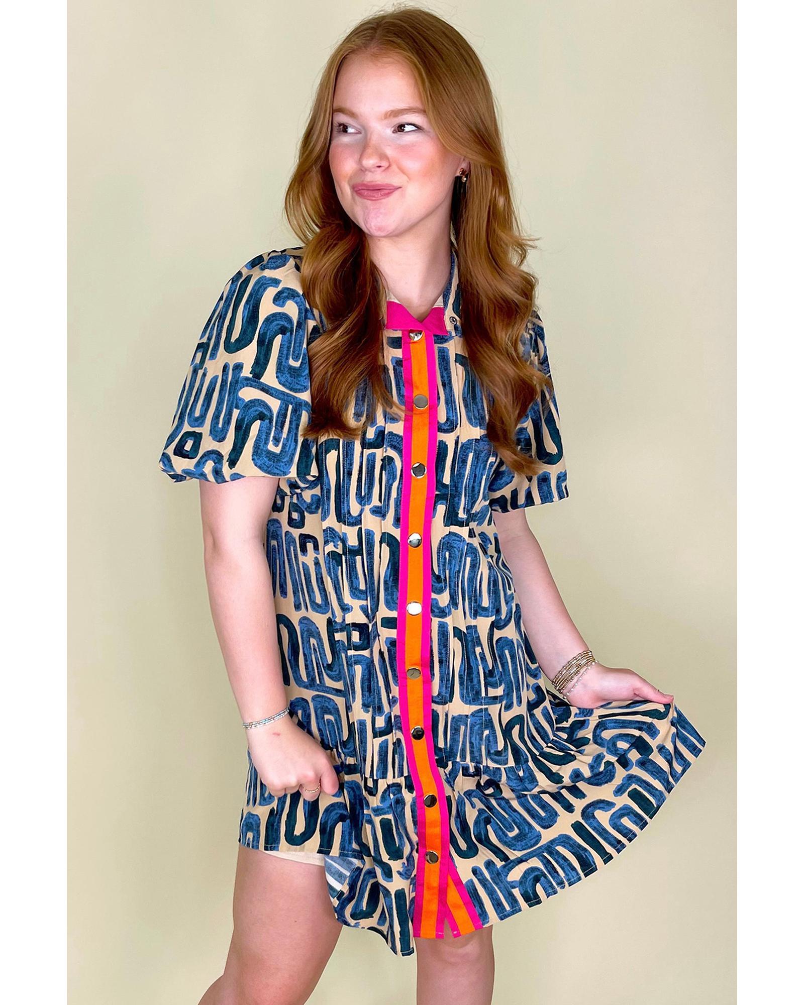 Beige Abstract Print Bubble Sleeve Button up Mini Dress - XL