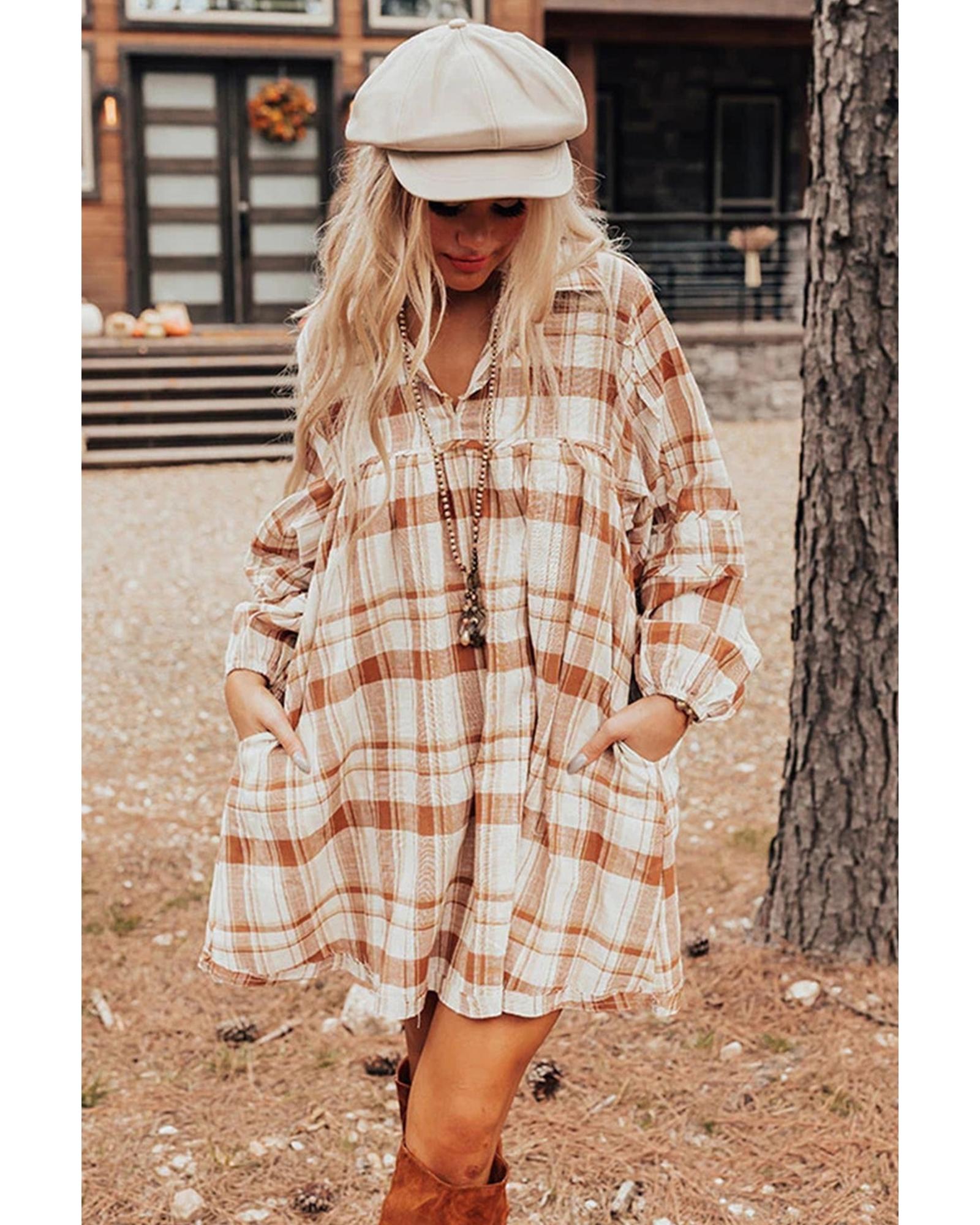 Brown Plaid Print Side Pockets Frilled Babydoll Mini Dress - L