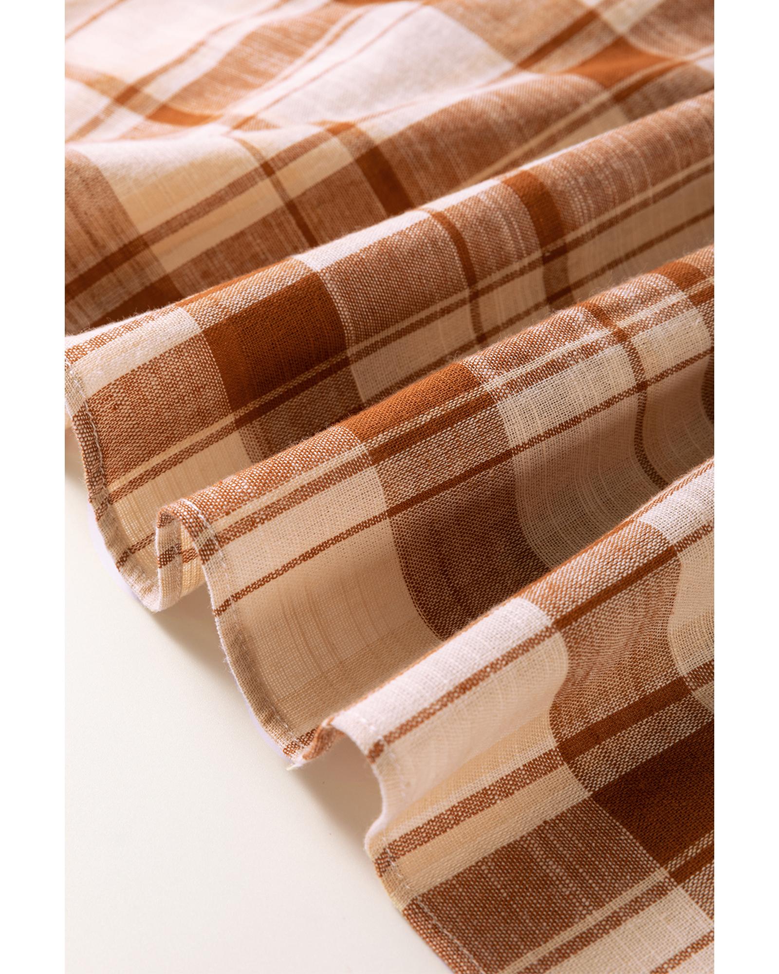 Brown Plaid Print Side Pockets Frilled Babydoll Mini Dress - S