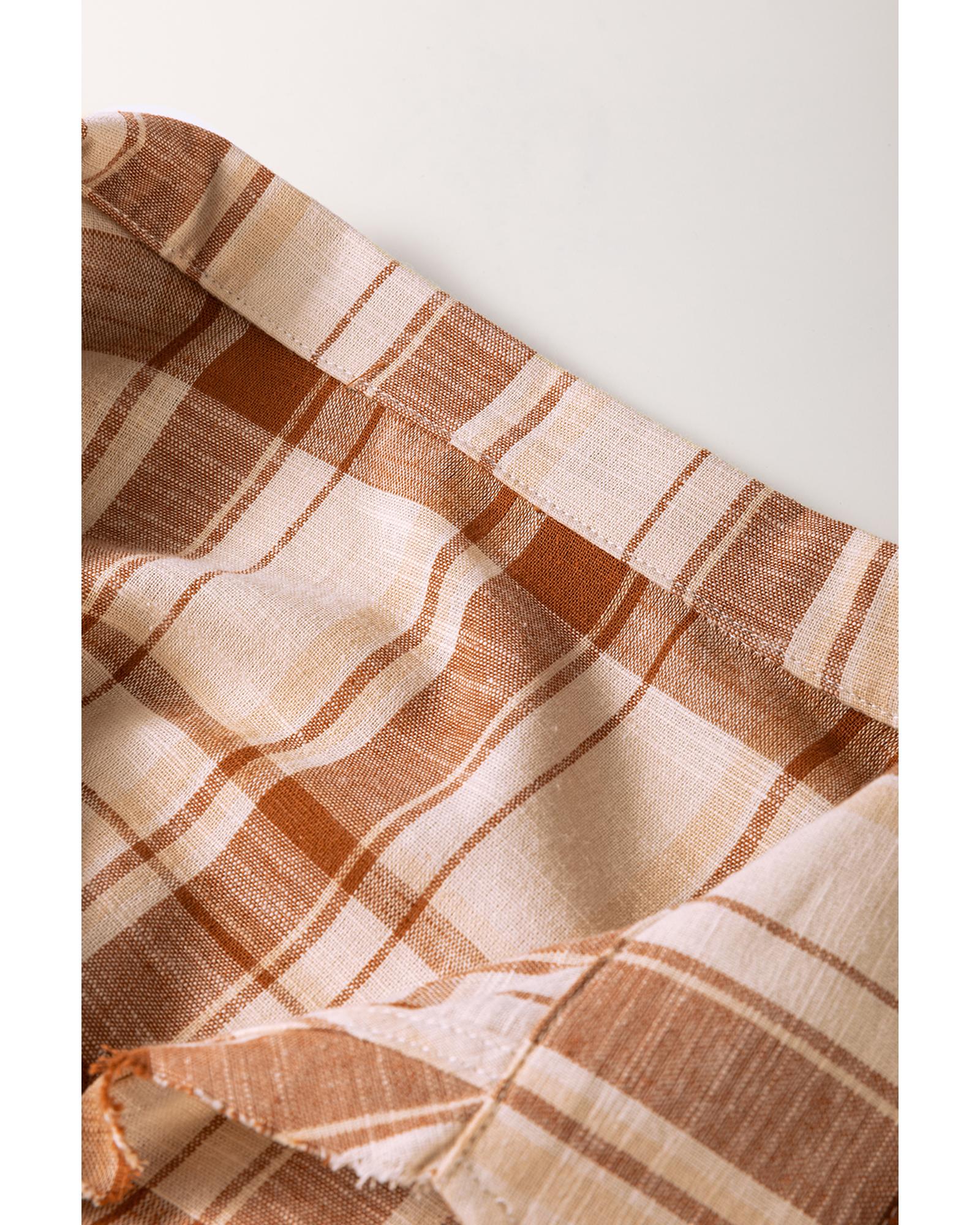 Brown Plaid Print Side Pockets Frilled Babydoll Mini Dress - S