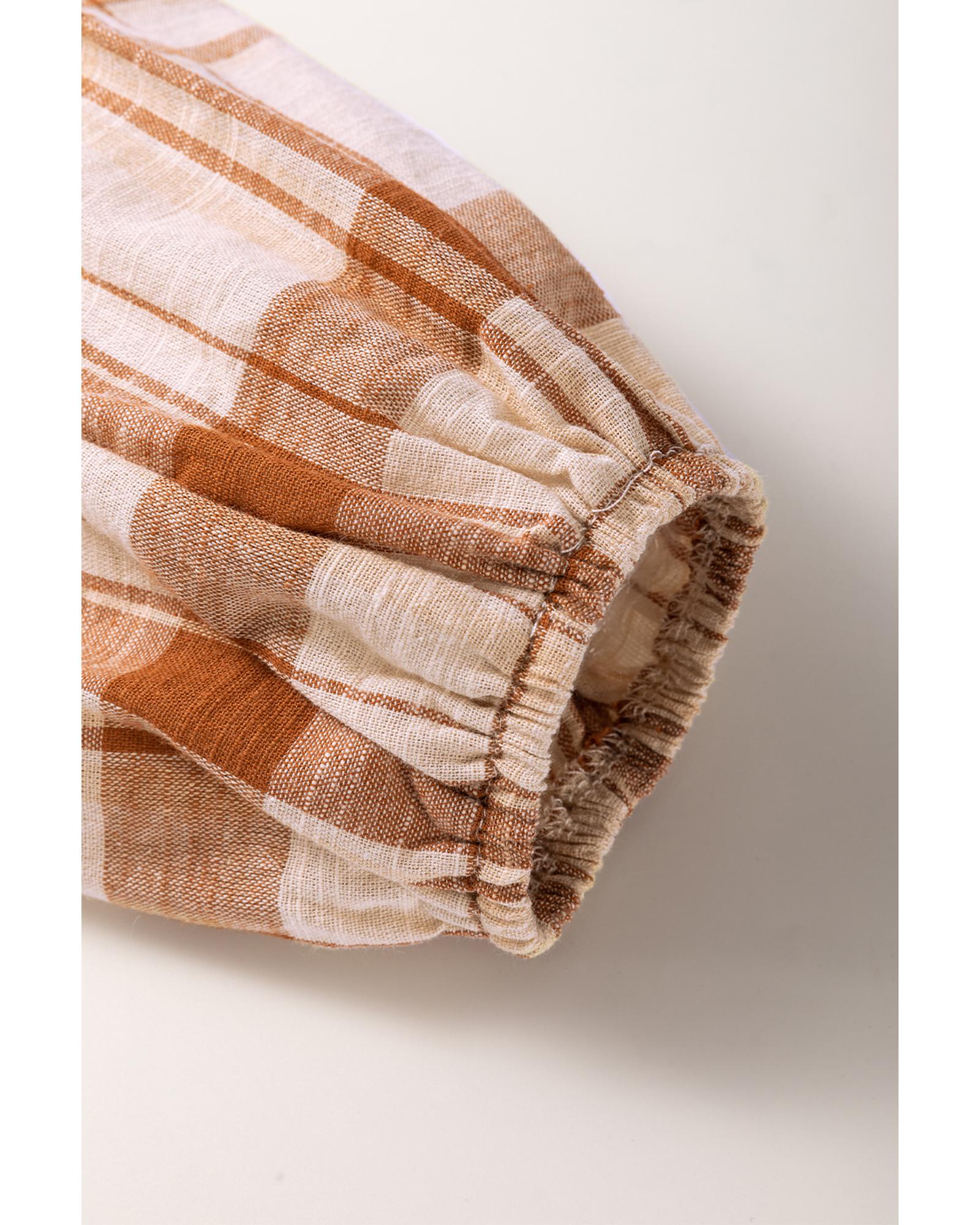 Brown Plaid Print Side Pockets Frilled Babydoll Mini Dress - S