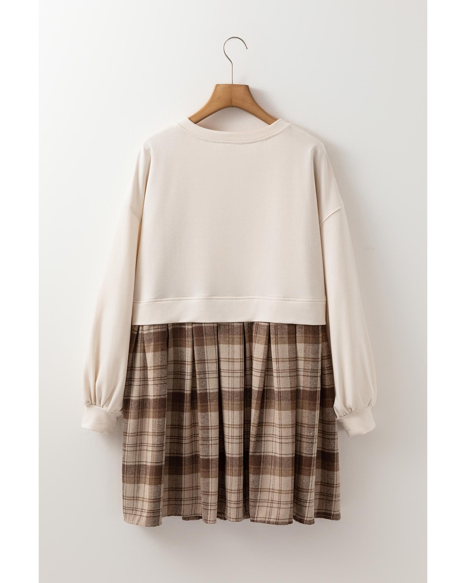 Beige Plaid Patchwork High Waist Sweatshirt Mini Dress - L