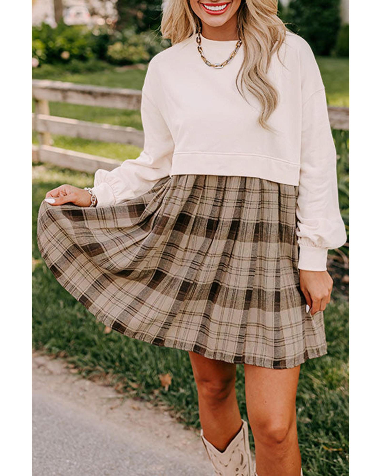 Beige Plaid Patchwork High Waist Sweatshirt Mini Dress - XL