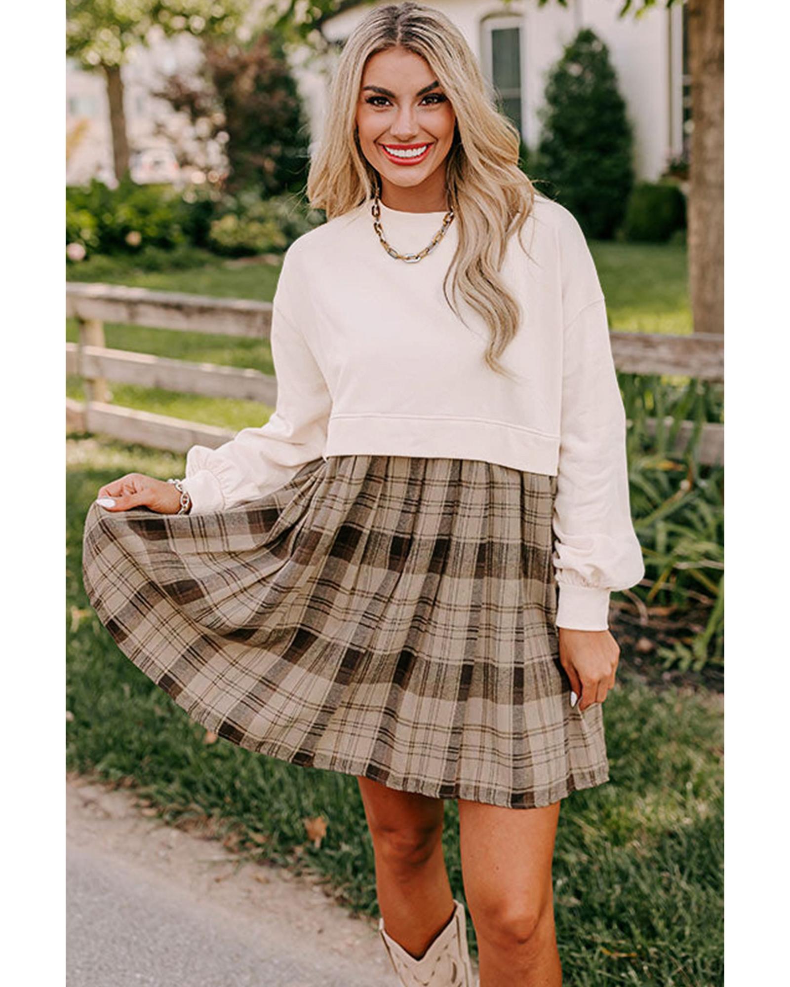 Beige Plaid Patchwork High Waist Sweatshirt Mini Dress - XL