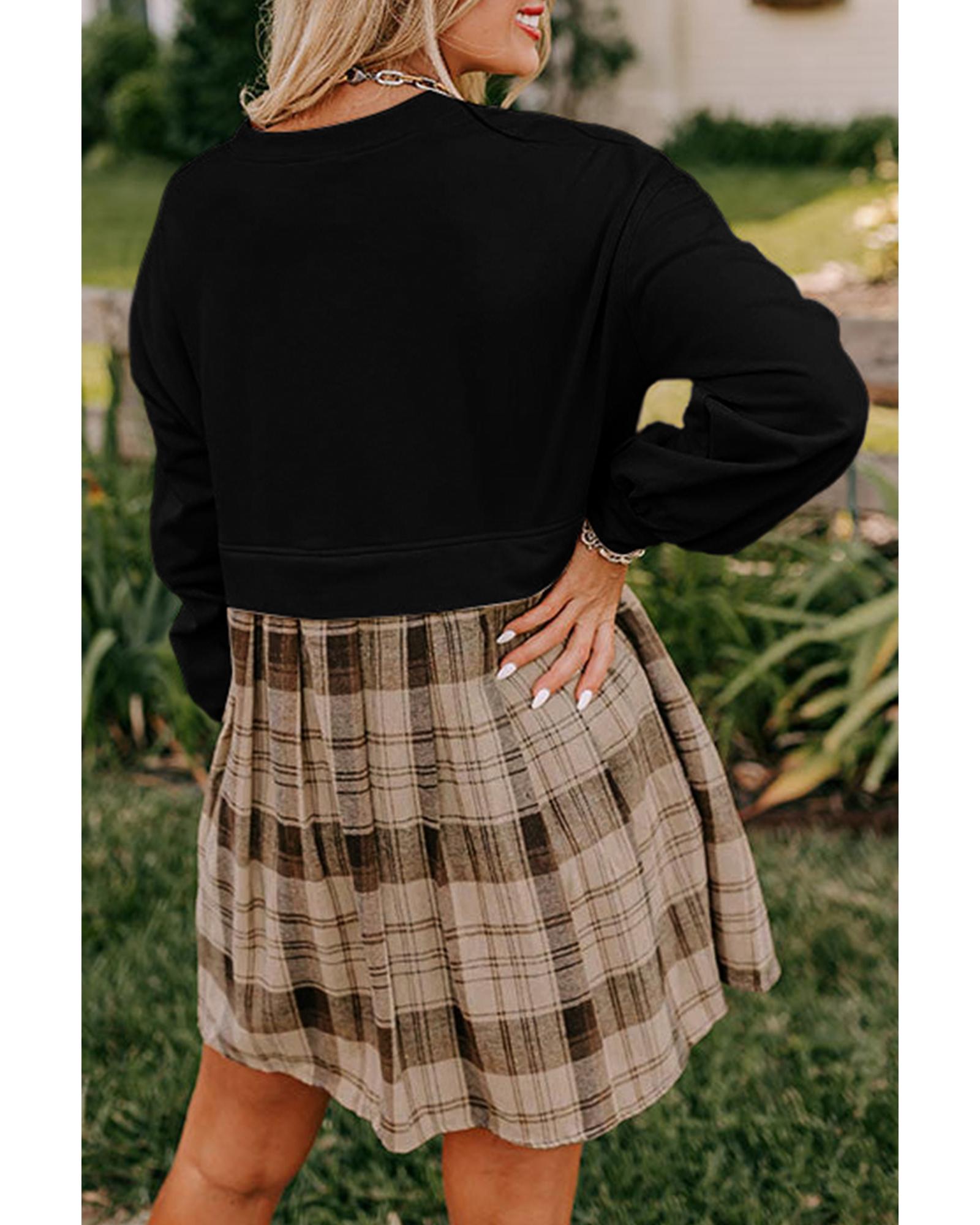 Black Plaid Patchwork High Waist Sweatshirt Mini Dress - M