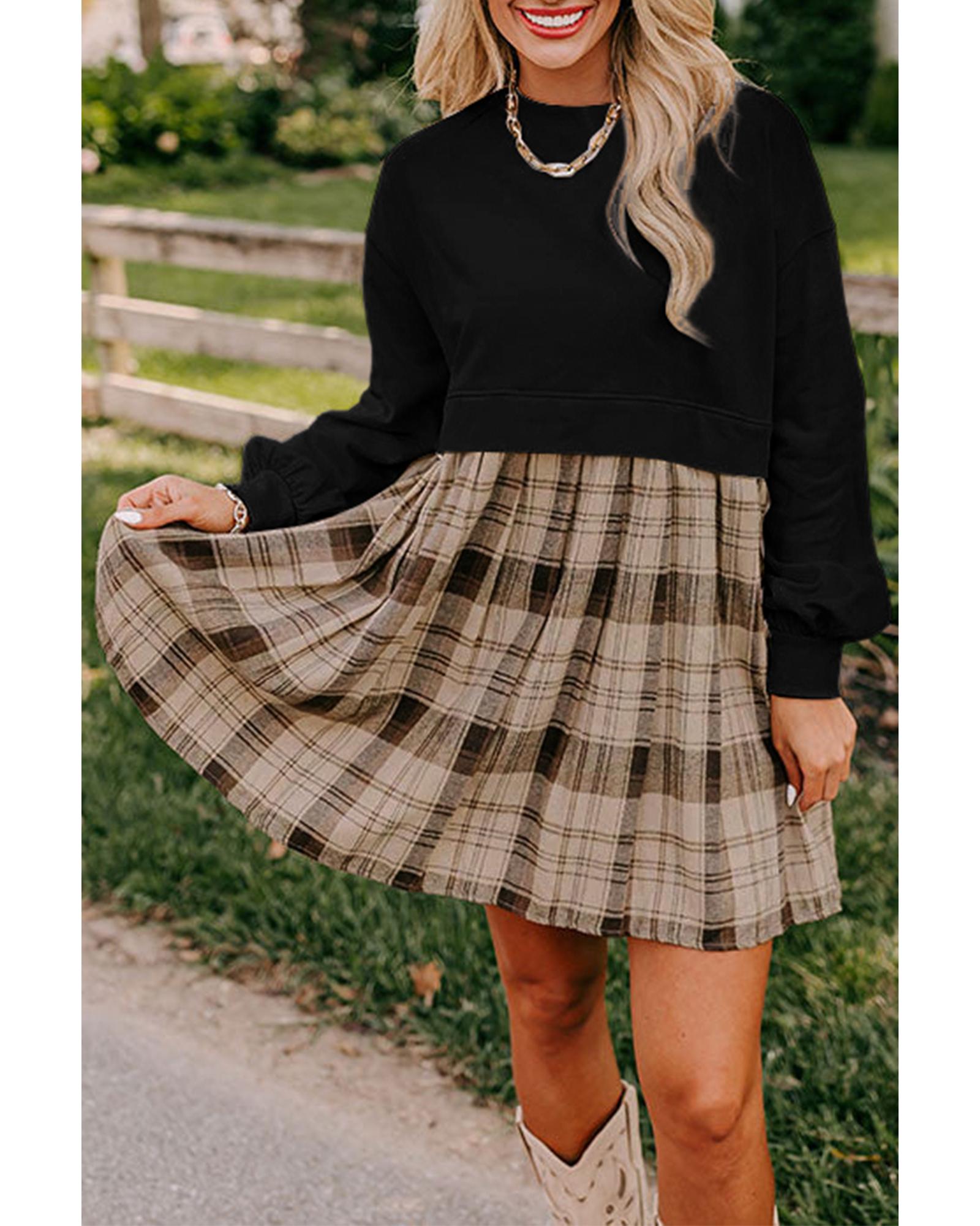 Black Plaid Patchwork High Waist Sweatshirt Mini Dress - S