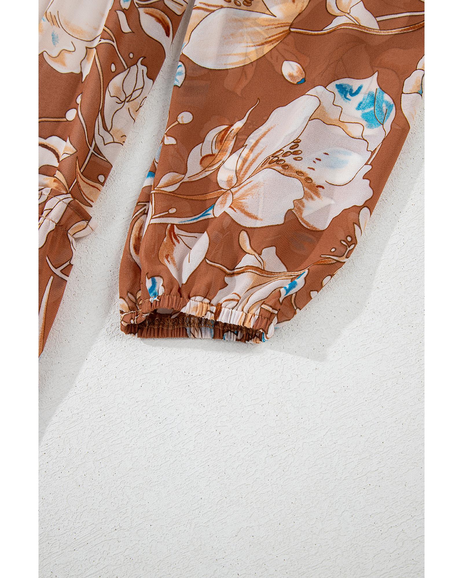 Brown Floral Print Shirred Square Neck High Waist Maxi Dress - L