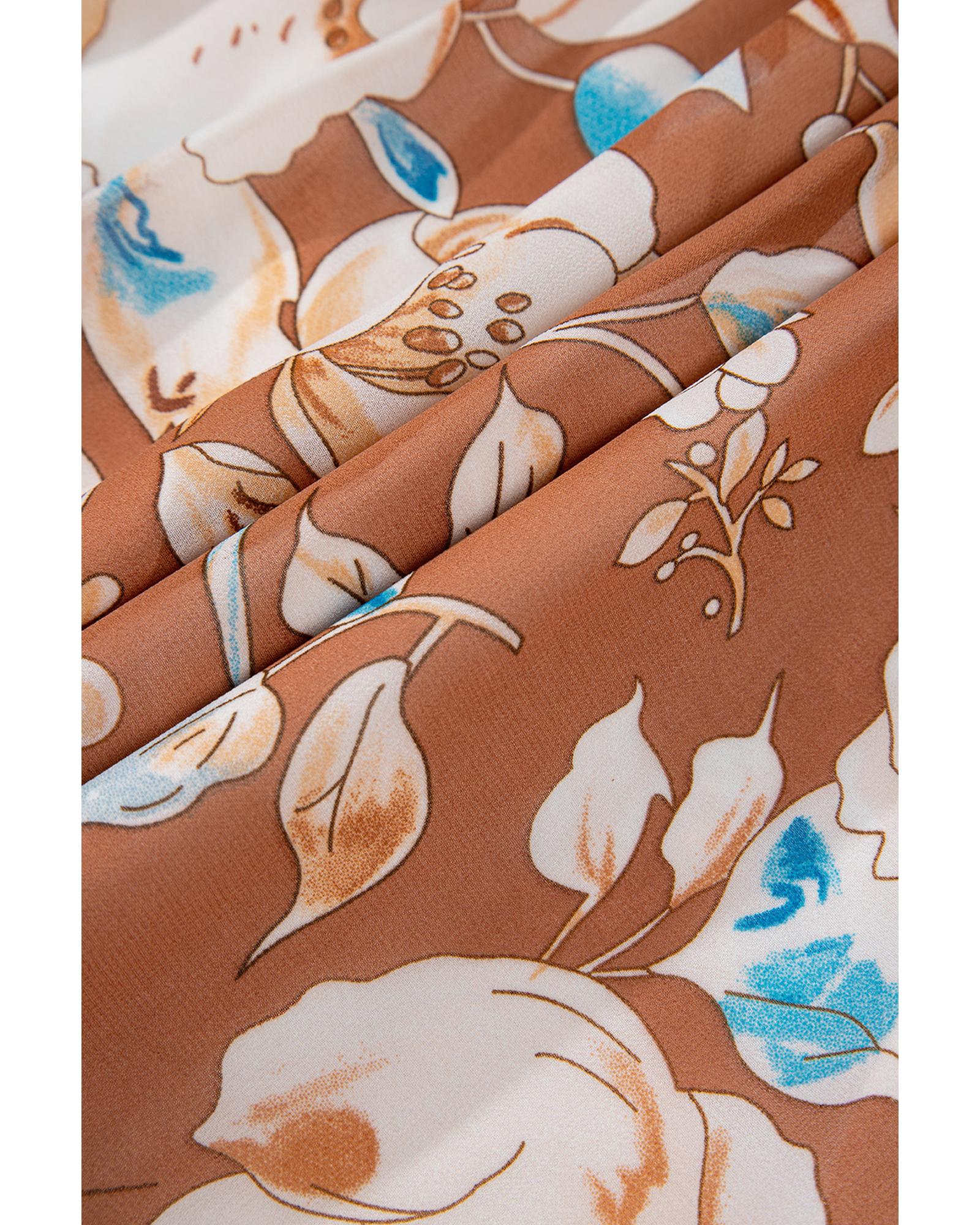 Brown Floral Print Shirred Square Neck High Waist Maxi Dress - M