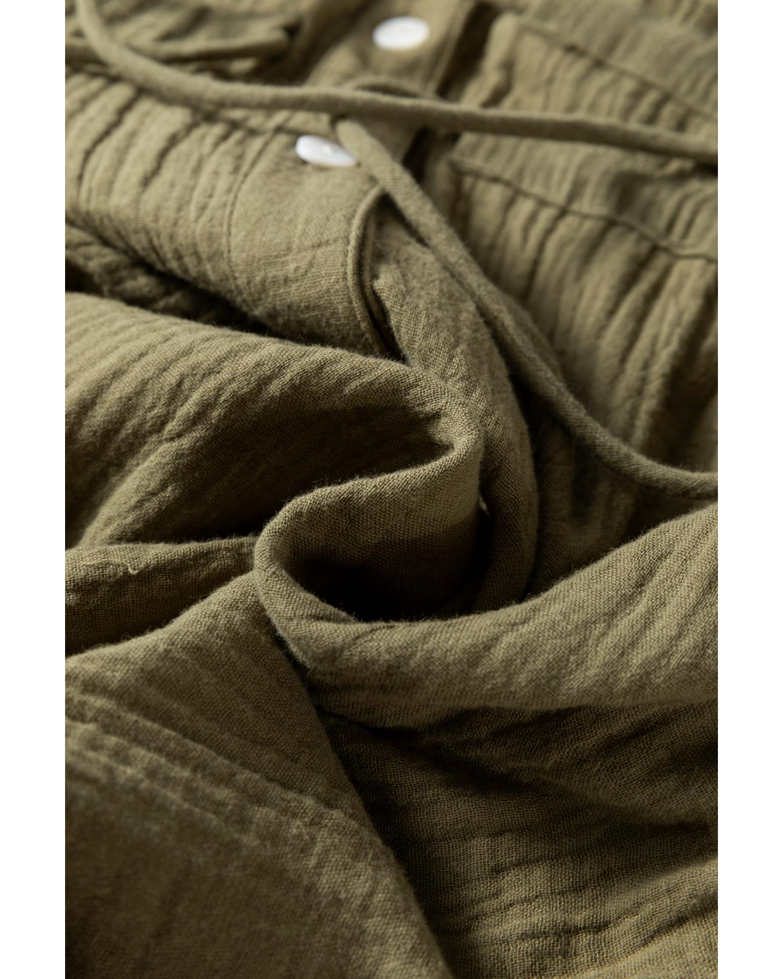 Jungle Green Textured Bracelet Sleeve Collared Button Up Dual Tied Mini Dress - L