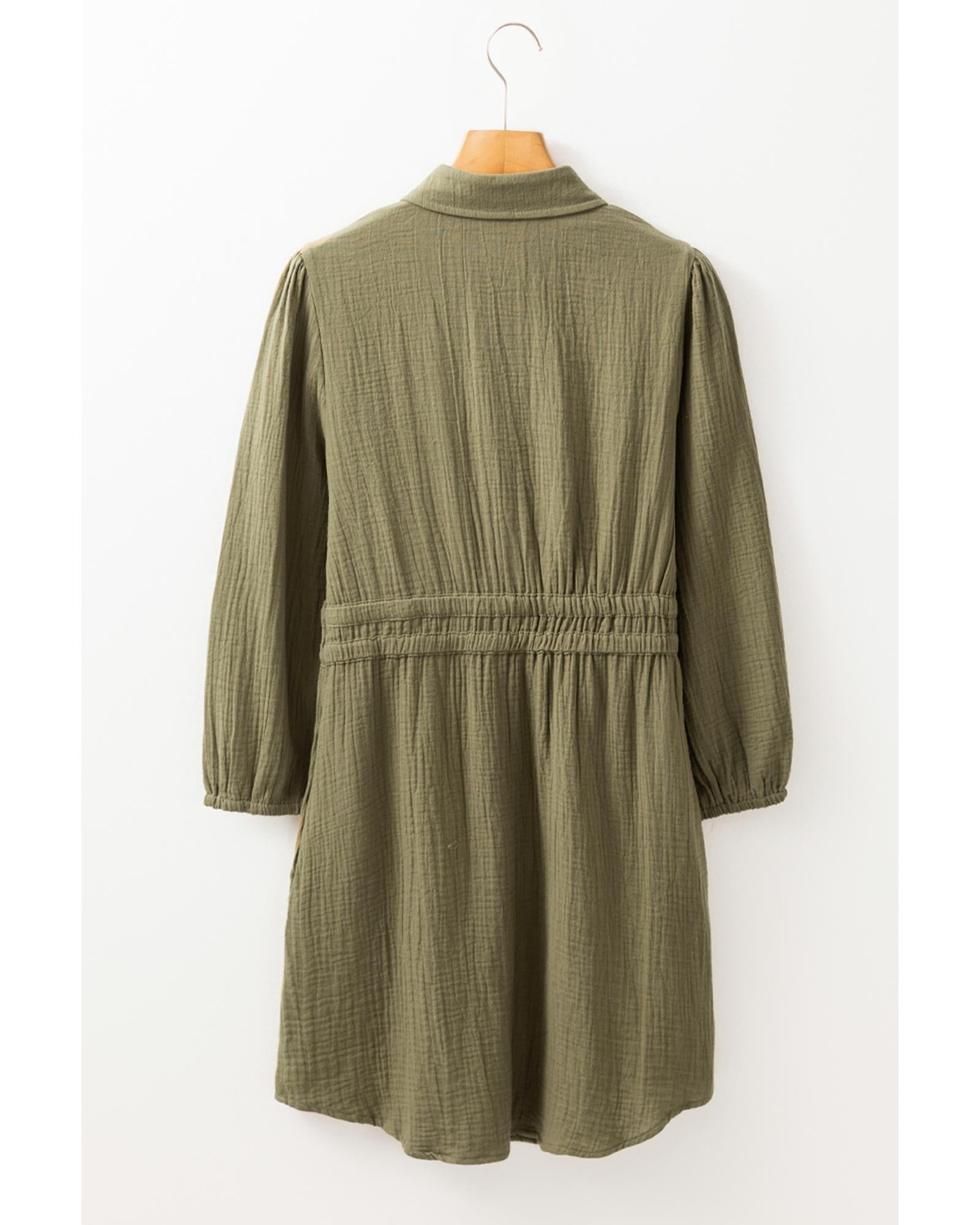 Jungle Green Textured Bracelet Sleeve Collared Button Up Dual Tied Mini Dress - XL