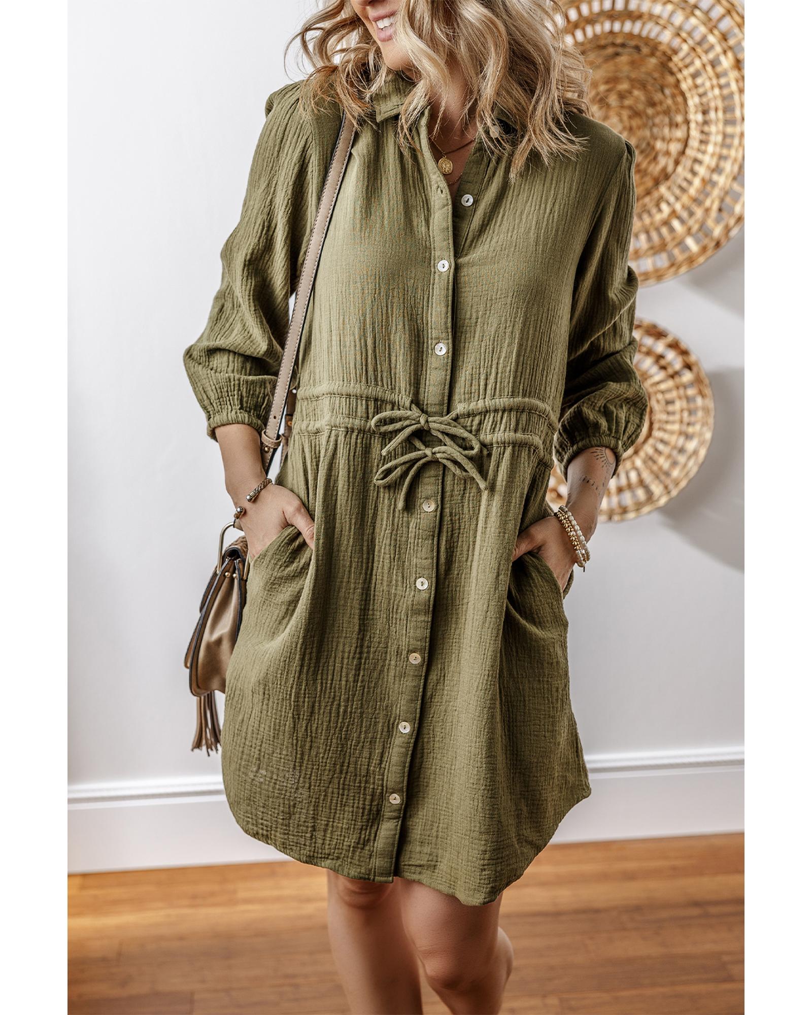 Jungle Green Textured Bracelet Sleeve Collared Button Up Dual Tied Mini Dress - XL