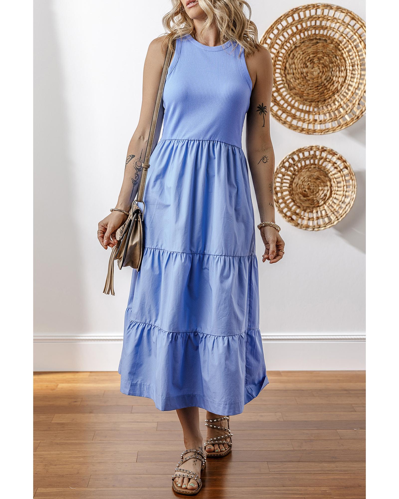 Myosotis Ribbed Vest Patchwork Tiered Midi Dress with Pockets - XL