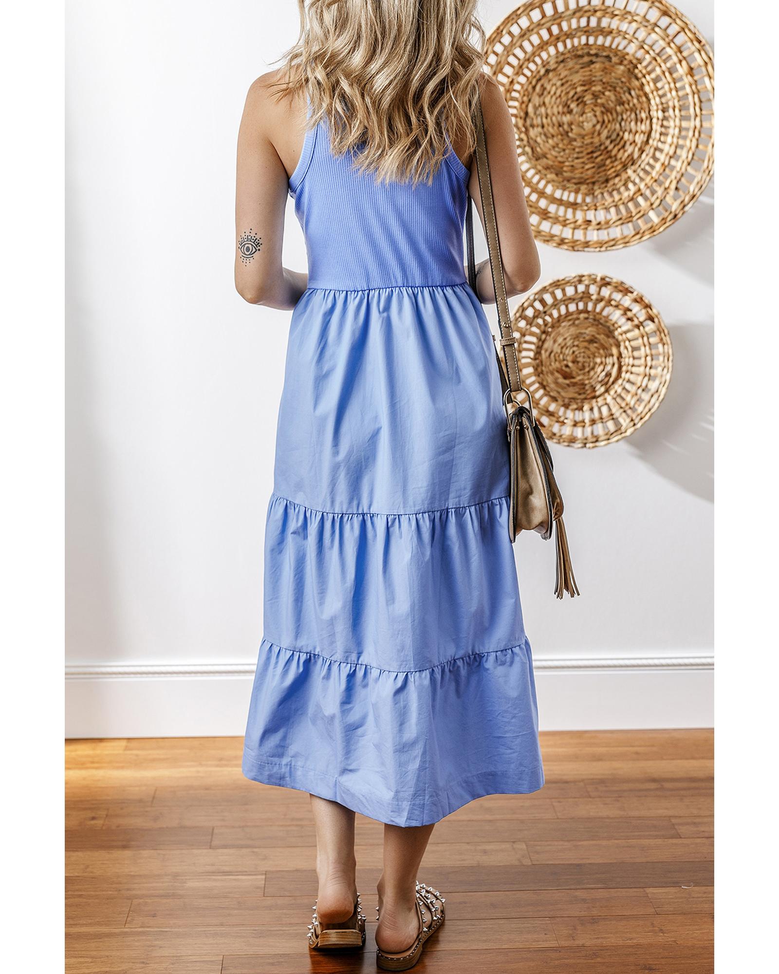 Myosotis Ribbed Vest Patchwork Tiered Midi Dress with Pockets - XL