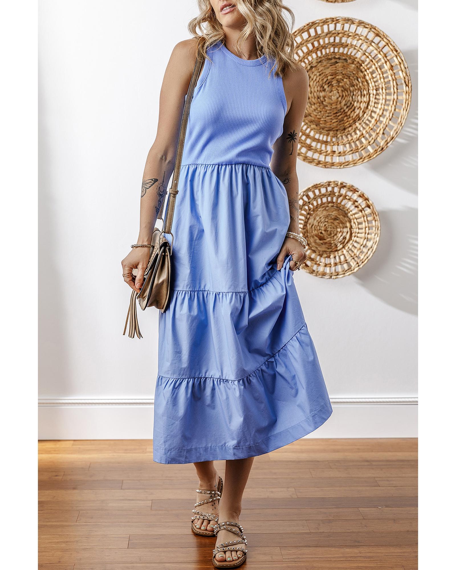 Myosotis Ribbed Vest Patchwork Tiered Midi Dress with Pockets - XL