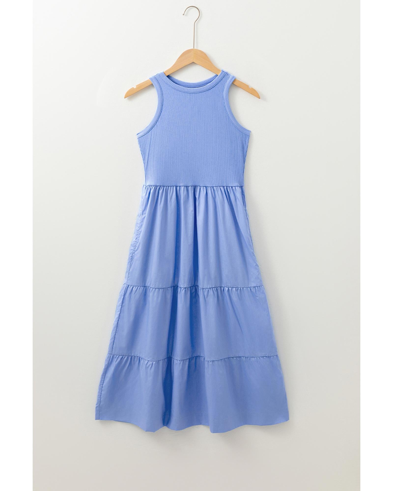 Myosotis Ribbed Vest Patchwork Tiered Midi Dress with Pockets - XL