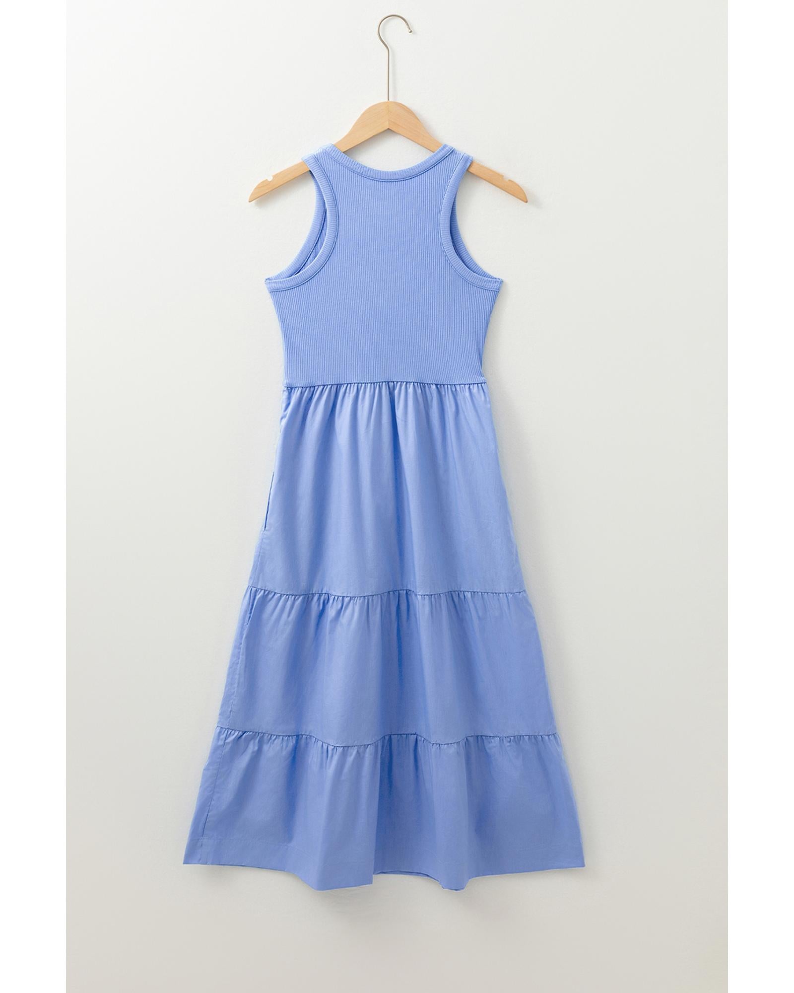 Myosotis Ribbed Vest Patchwork Tiered Midi Dress with Pockets - XL