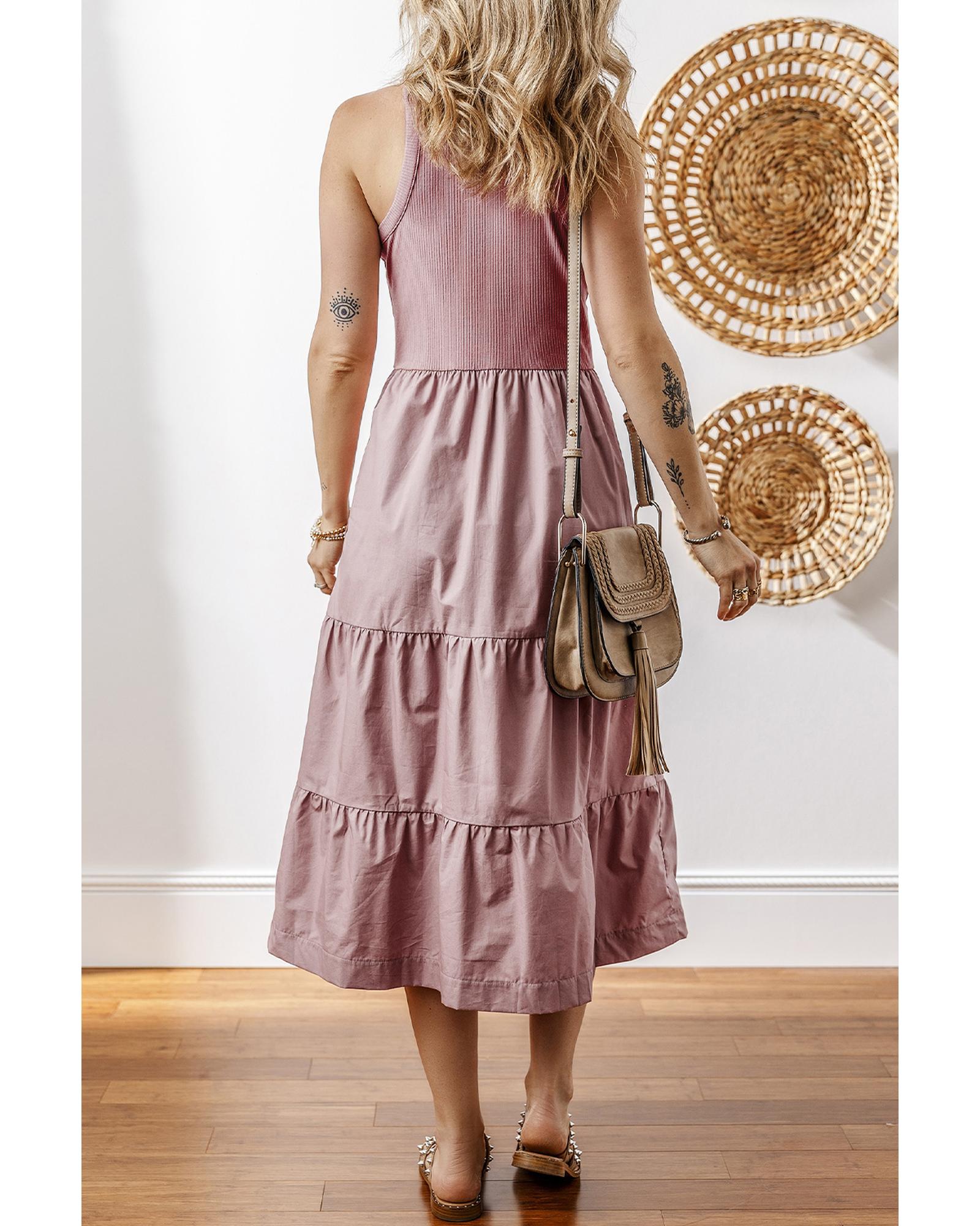Sepia Rose Ribbed Vest Patchwork Tiered Midi Dress with Pockets - L